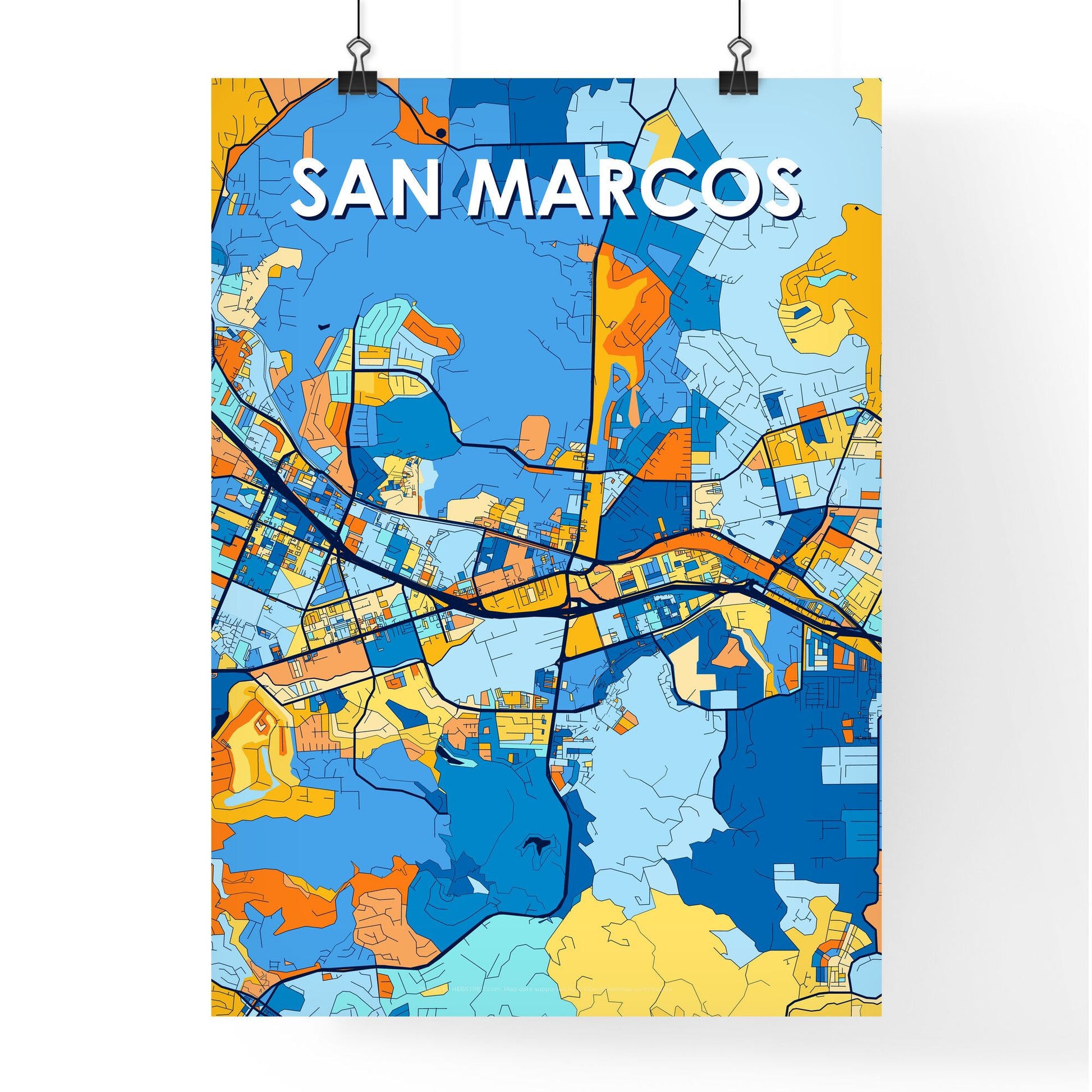 SAN MARCOS CALIFORNIA Vibrant Colorful Art Map Poster Blue Orange