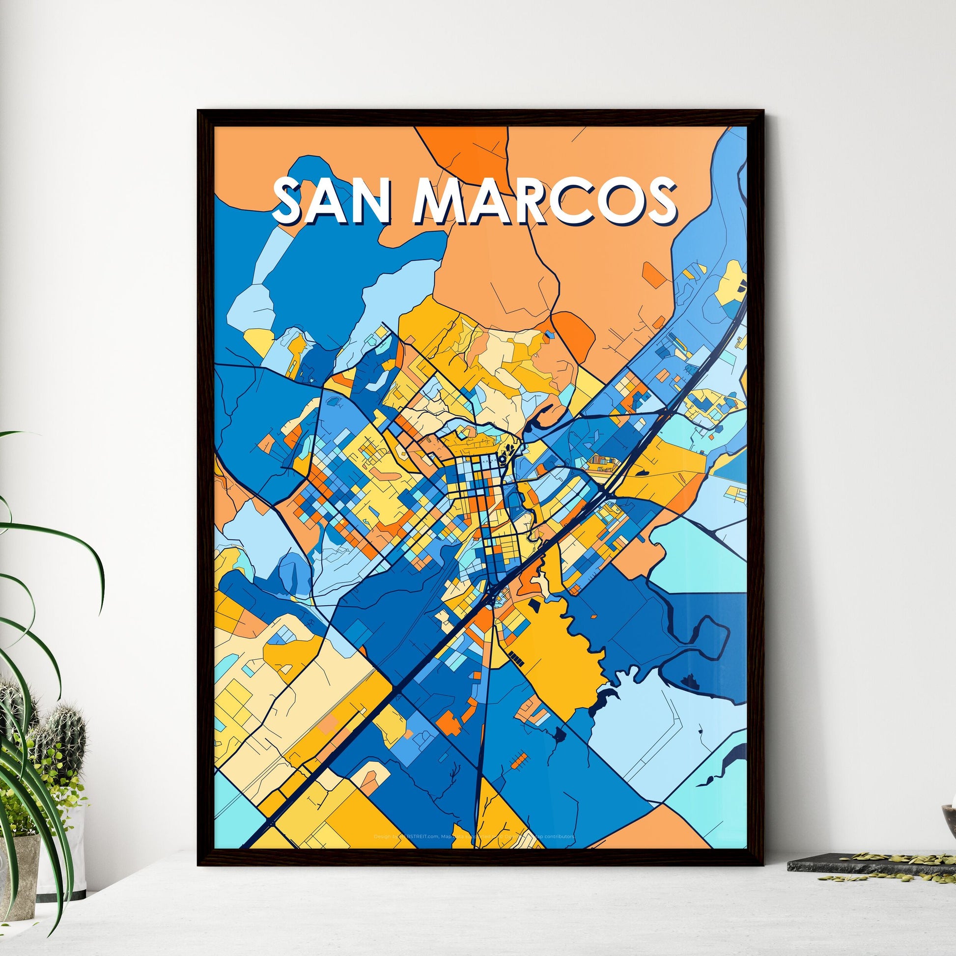 SAN MARCOS TEXAS Vibrant Colorful Art Map Poster Blue Orange