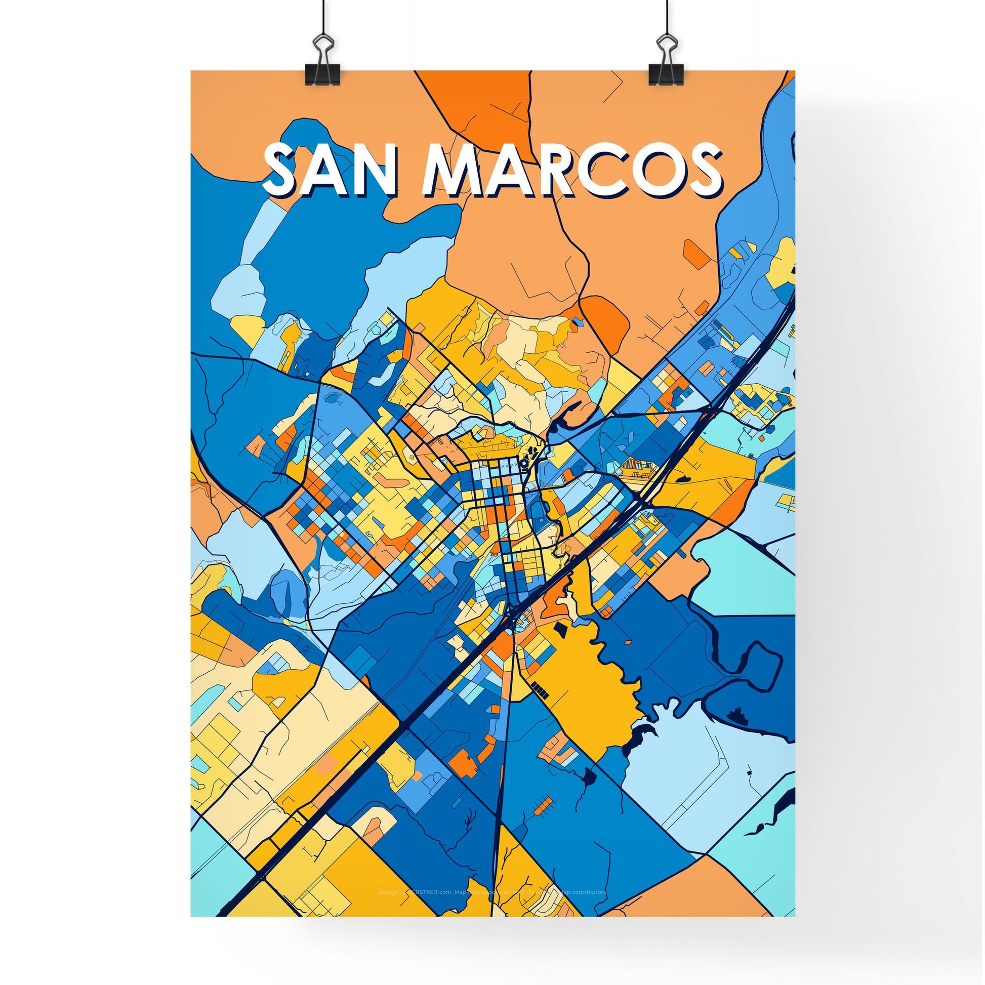 SAN MARCOS TEXAS Vibrant Colorful Art Map Poster Blue Orange