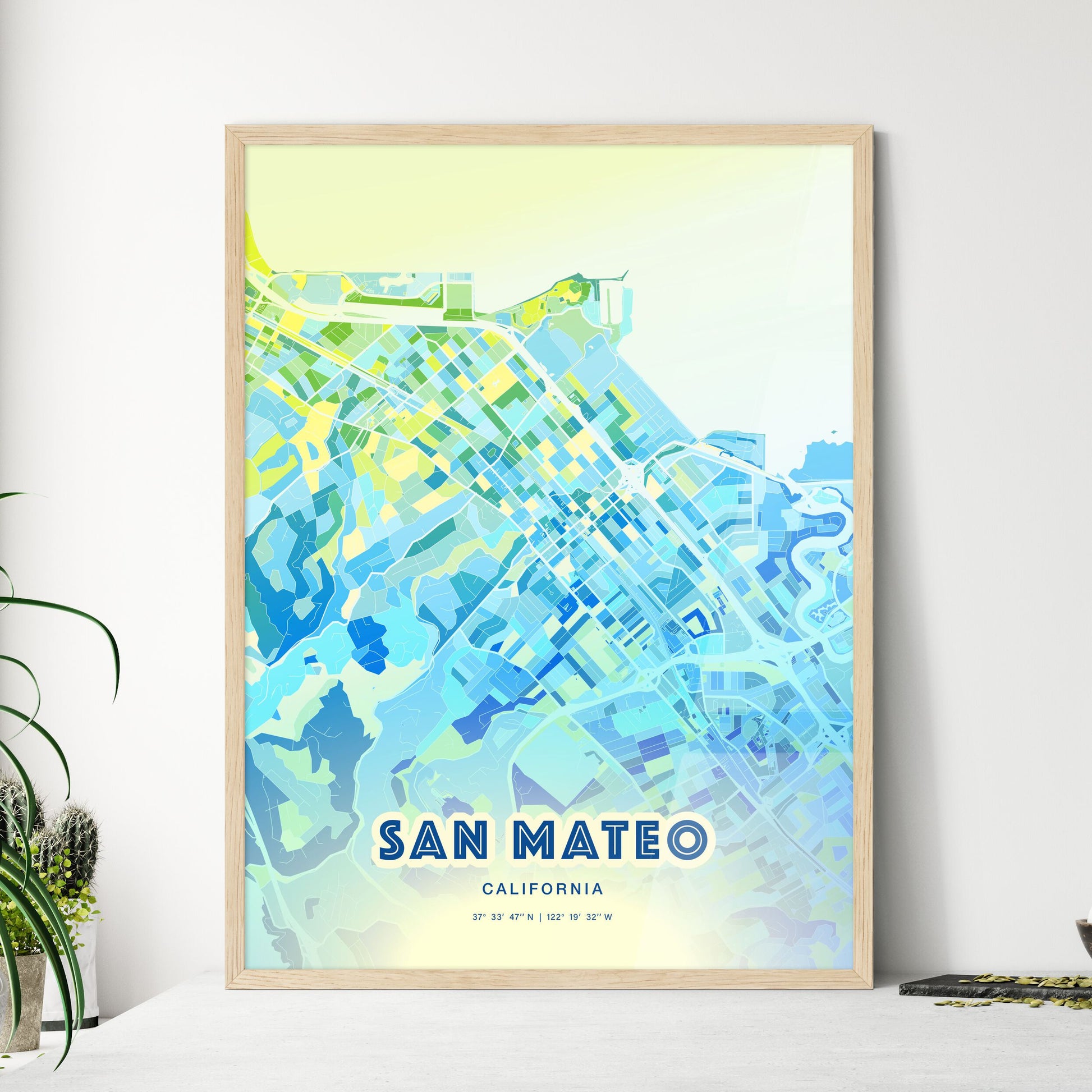 Colorful San Mateo California Fine Art Map Cool Blue