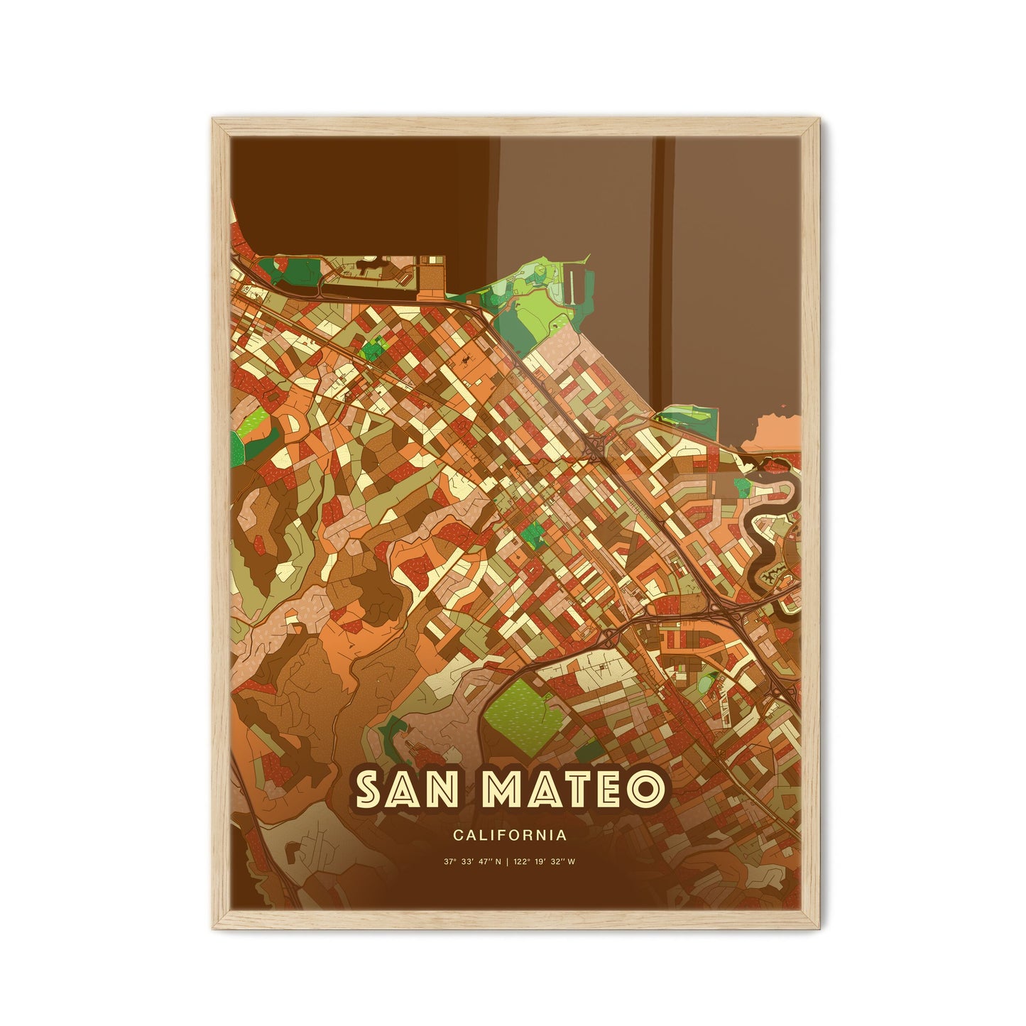 Colorful San Mateo California Fine Art Map Farmhouse