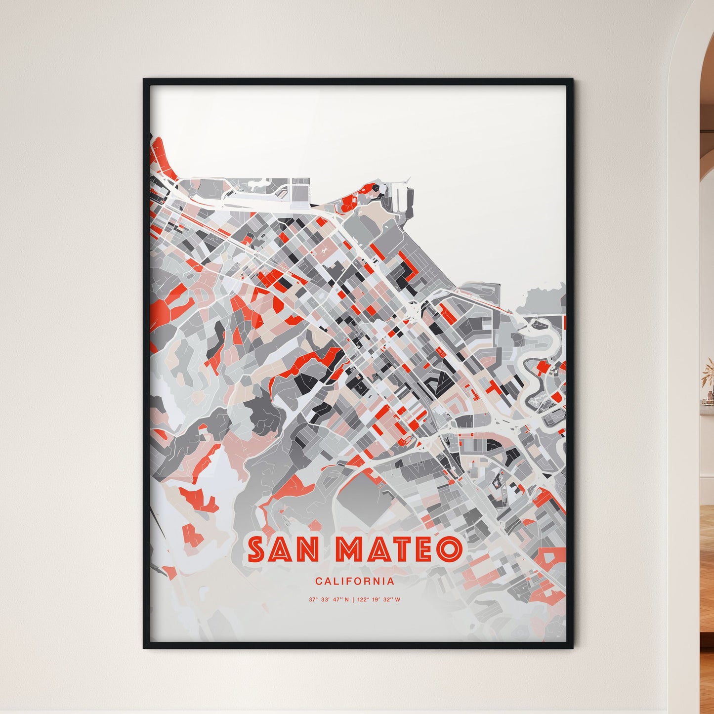 Colorful San Mateo California Fine Art Map Modern Expressive