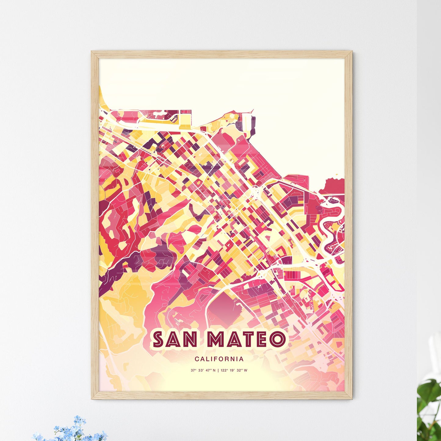 Colorful San Mateo California Fine Art Map Hot Red