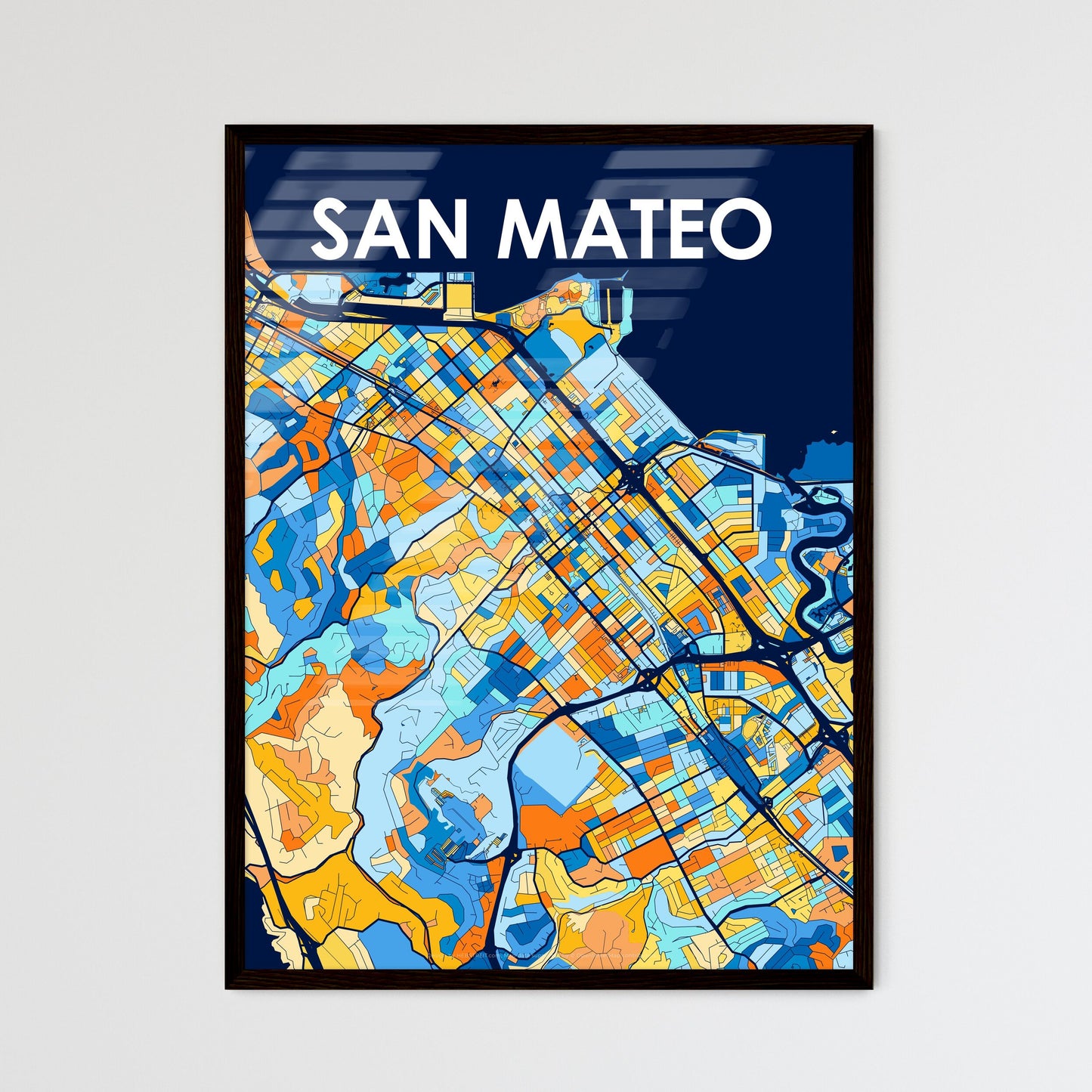 SAN MATEO CALIFORNIA Vibrant Colorful Art Map Poster Blue Orange