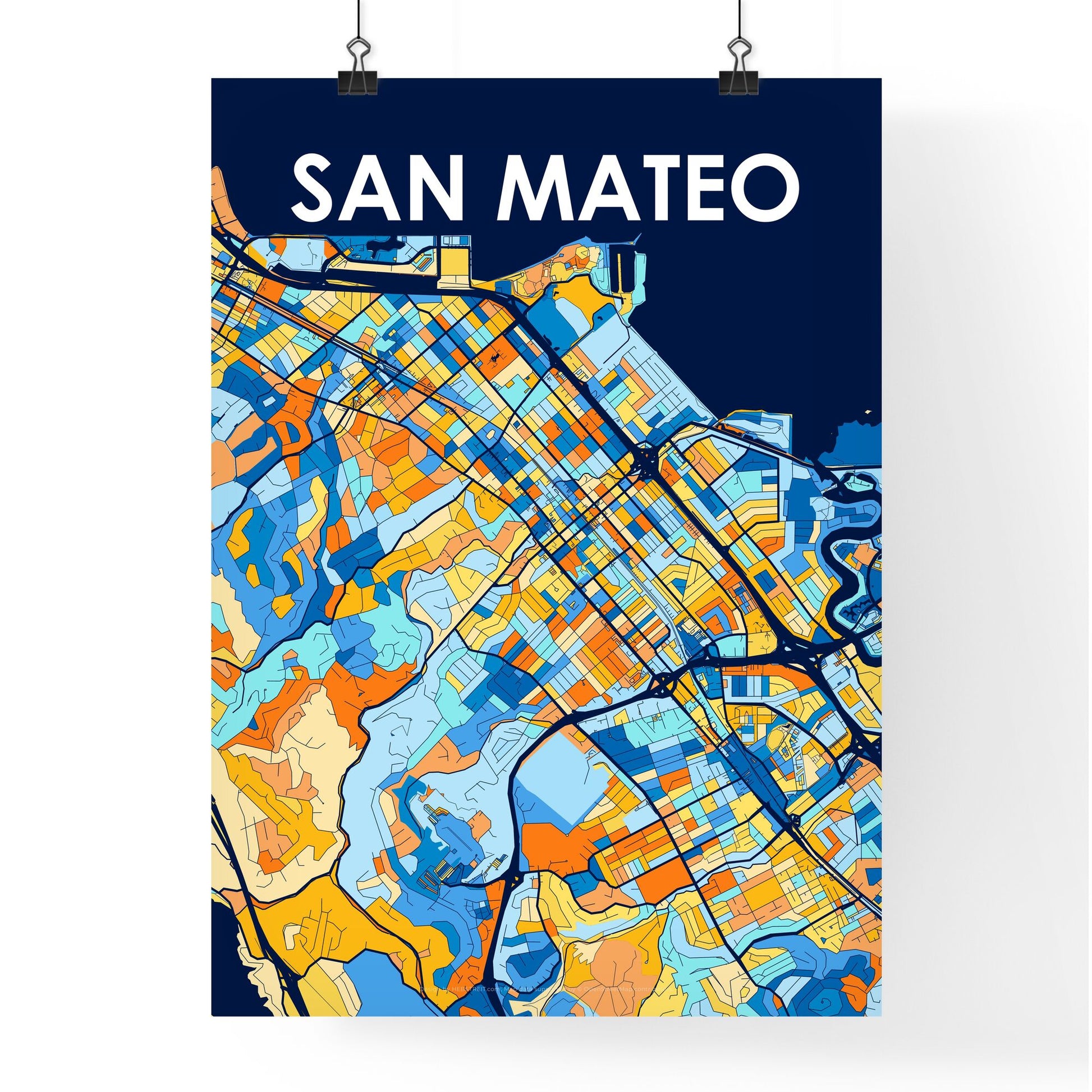 SAN MATEO CALIFORNIA Vibrant Colorful Art Map Poster Blue Orange