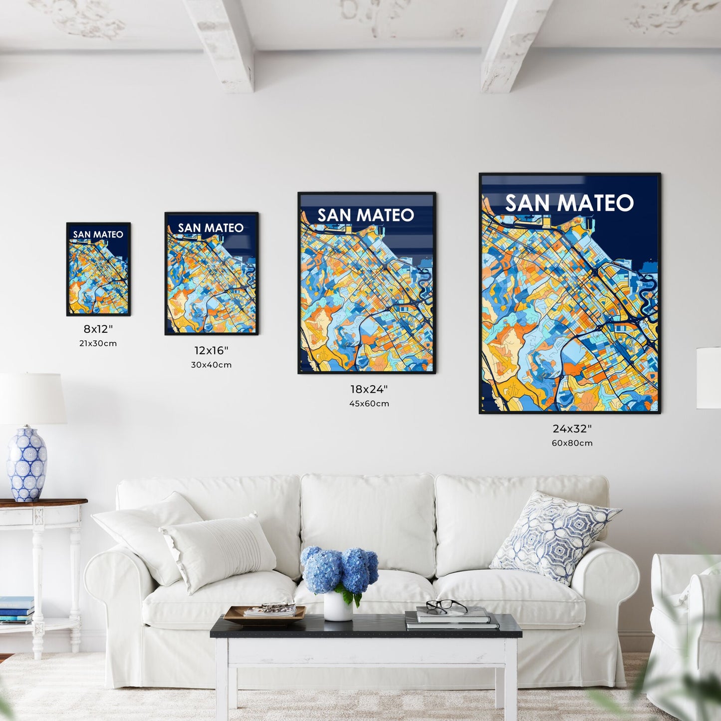 SAN MATEO CALIFORNIA Vibrant Colorful Art Map Poster Blue Orange