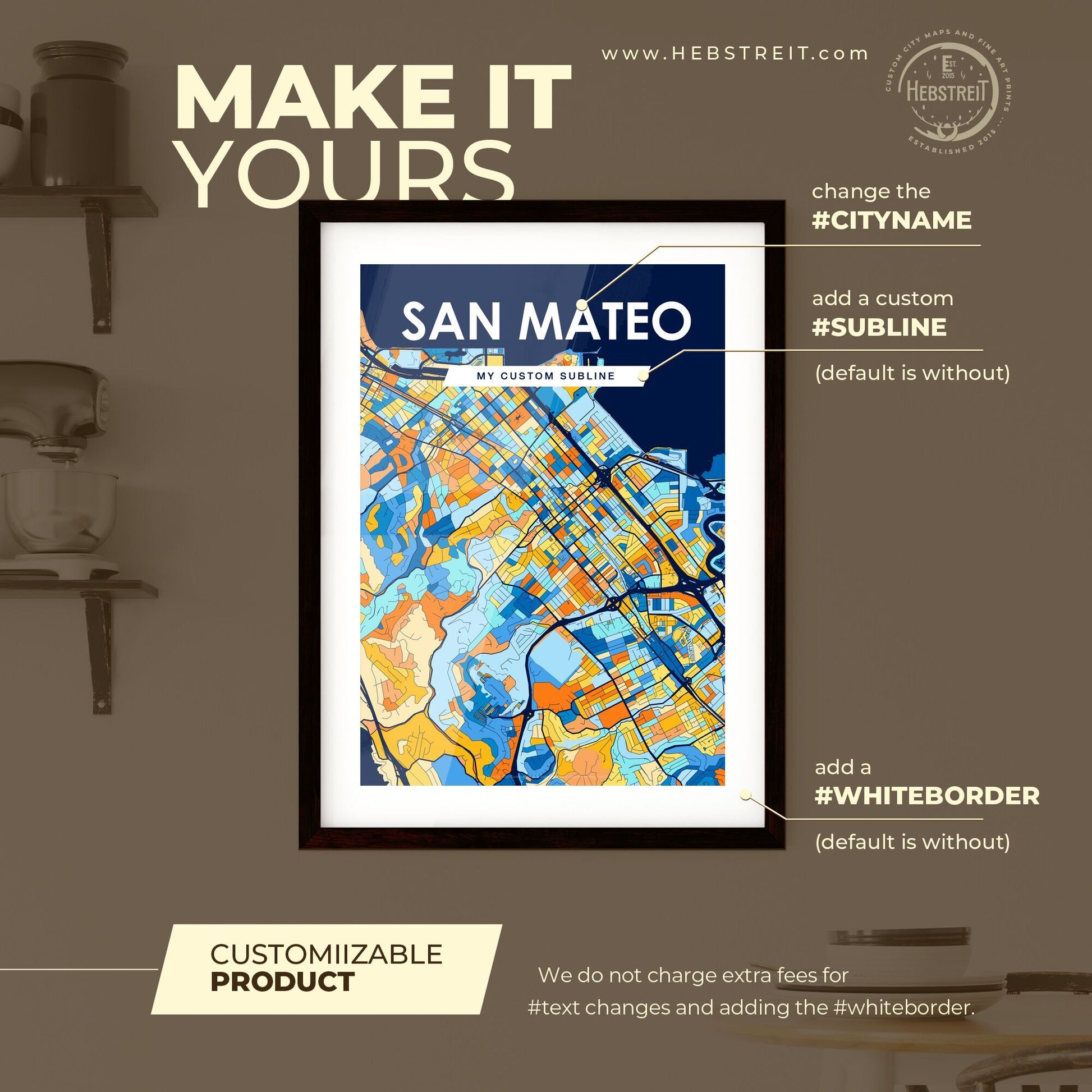 SAN MATEO CALIFORNIA Vibrant Colorful Art Map Poster Blue Orange