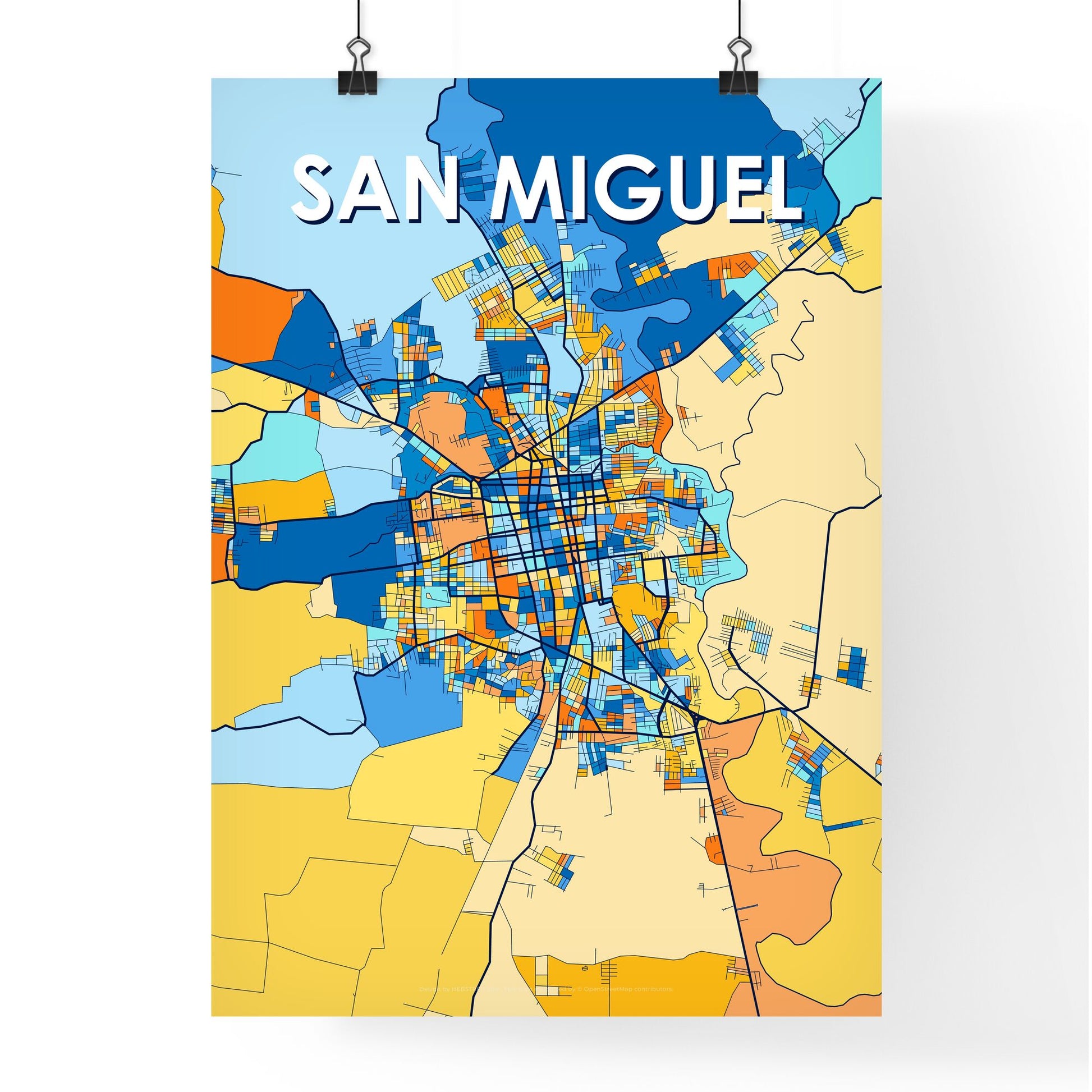 SAN MIGUEL EL SALVADOR Vibrant Colorful Art Map Poster Blue Orange