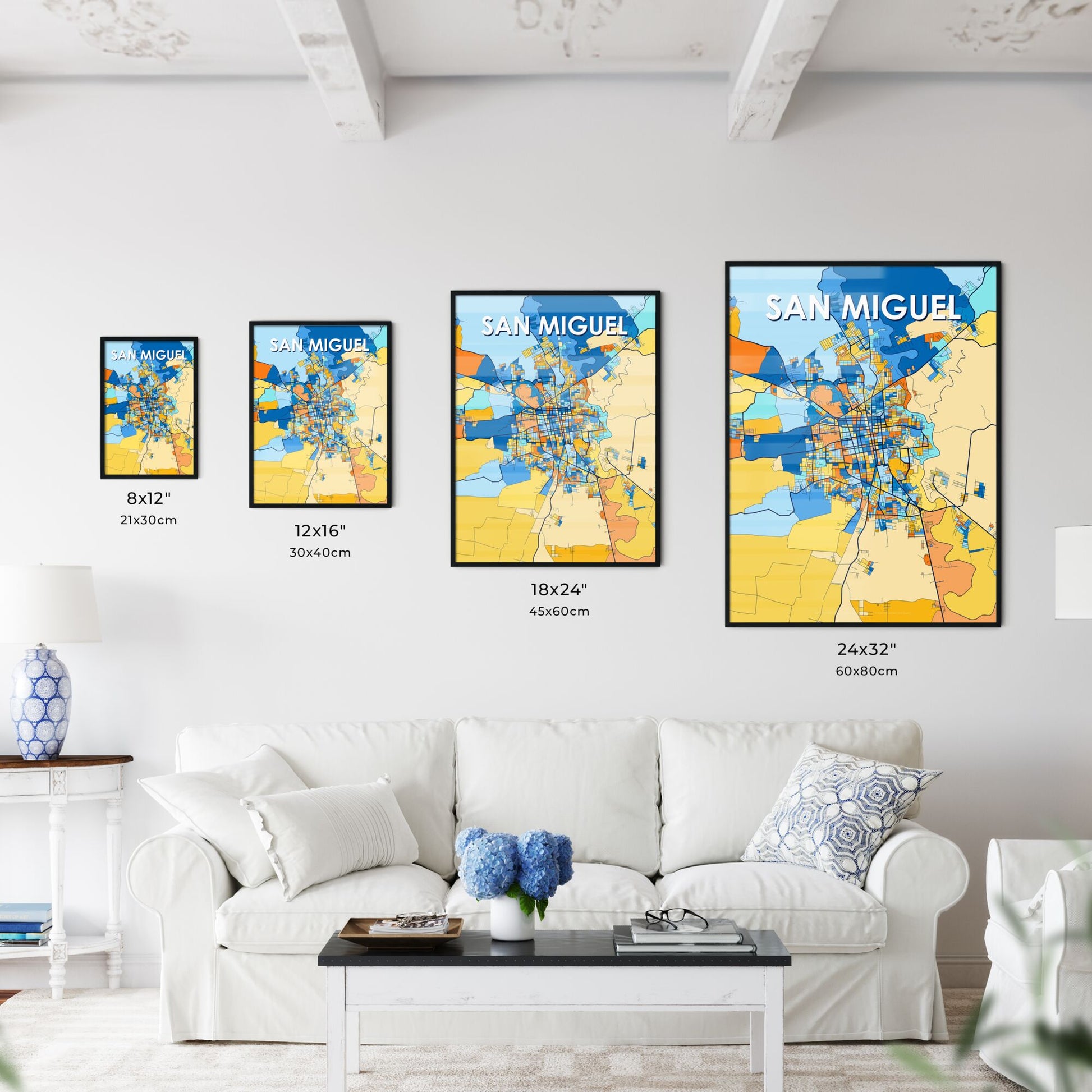 SAN MIGUEL EL SALVADOR Vibrant Colorful Art Map Poster Blue Orange