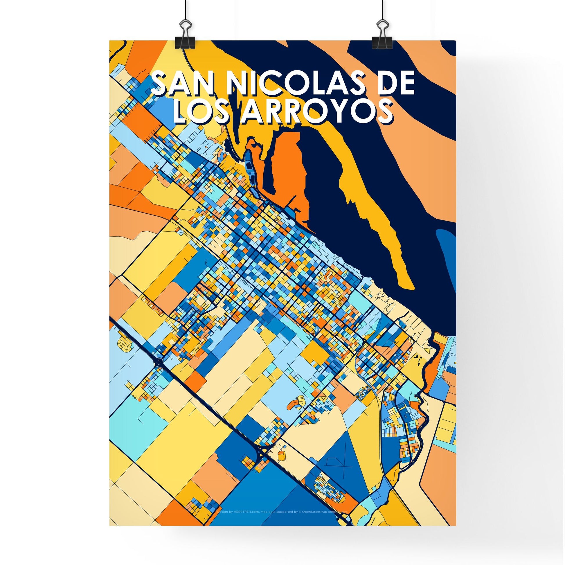 SAN NICOLAS DE LOS ARROYOS ARGENTINA Vibrant Colorful Art Map Poster Blue Orange