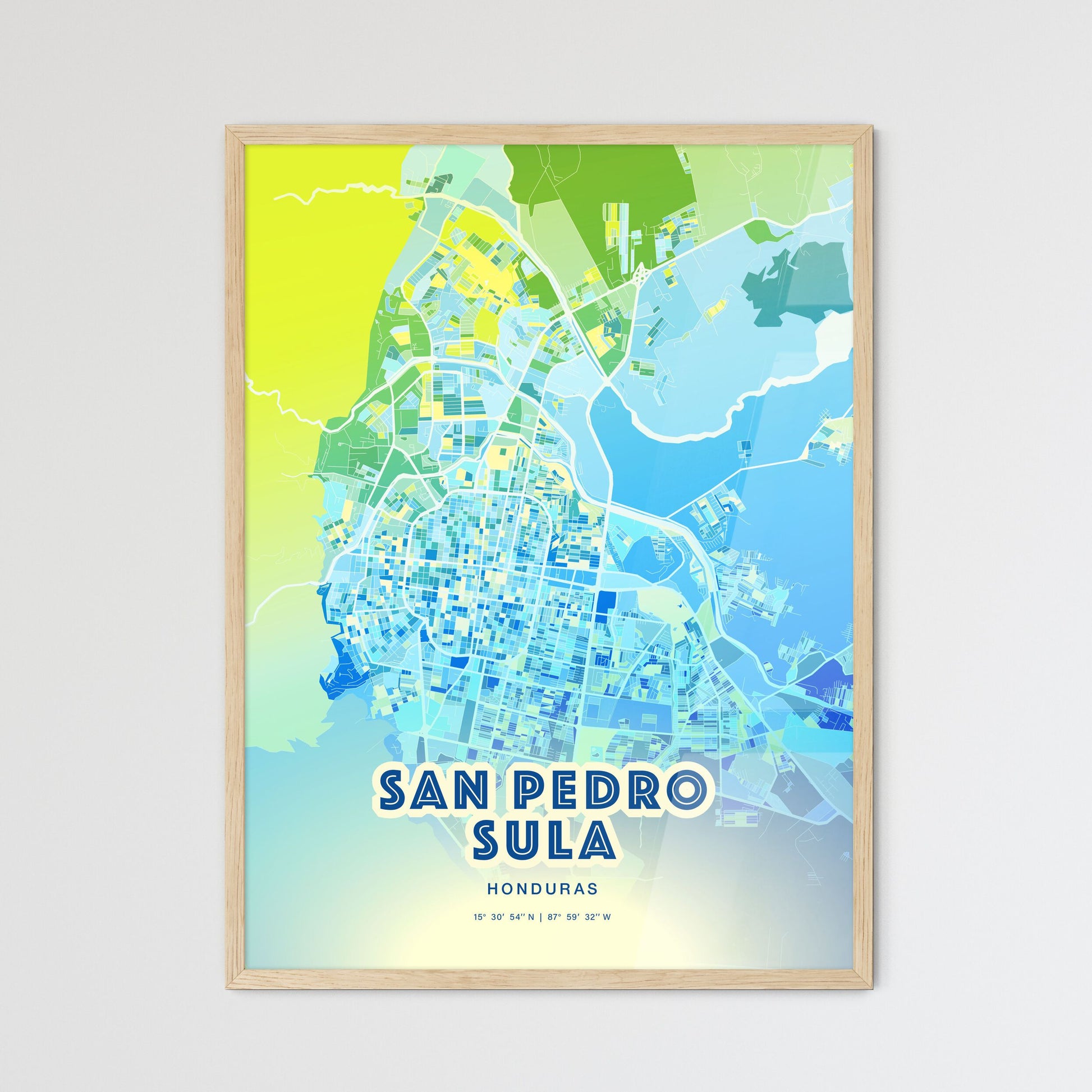 Colorful San Pedro Sula Honduras Fine Art Map Cool Blue