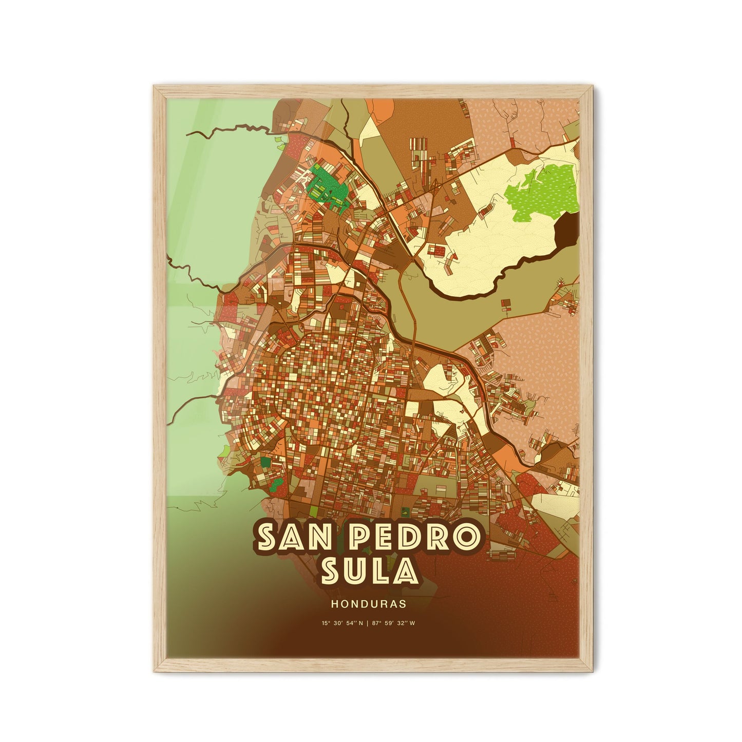 Colorful San Pedro Sula Honduras Fine Art Map Farmhouse