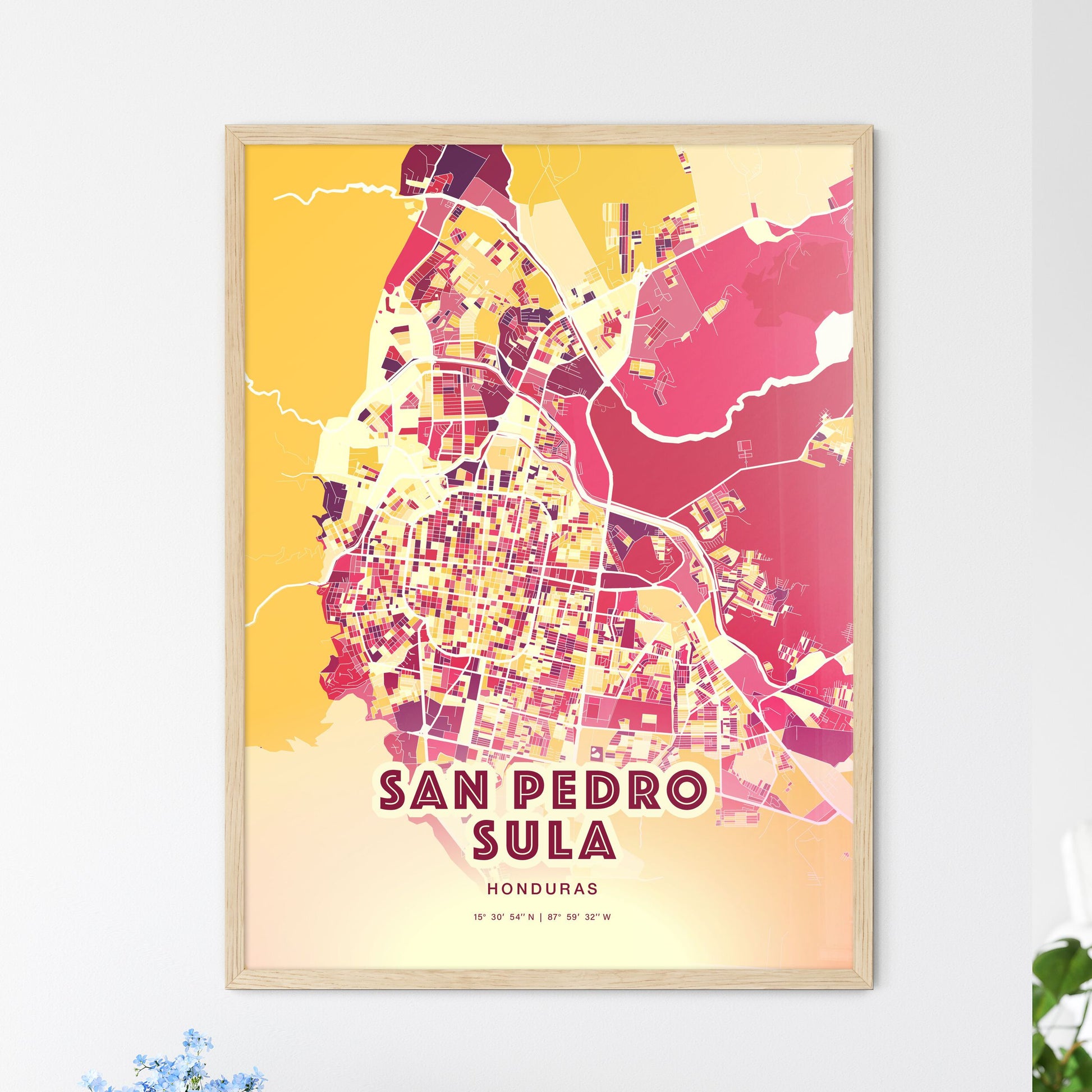 Colorful San Pedro Sula Honduras Fine Art Map Hot Red