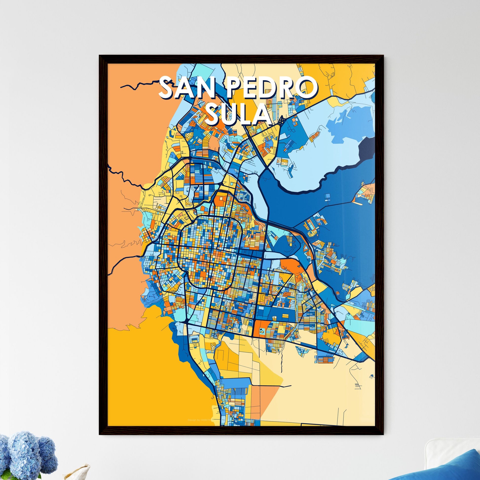 SAN PEDRO SULA HONDURAS Vibrant Colorful Art Map Poster Blue Orange