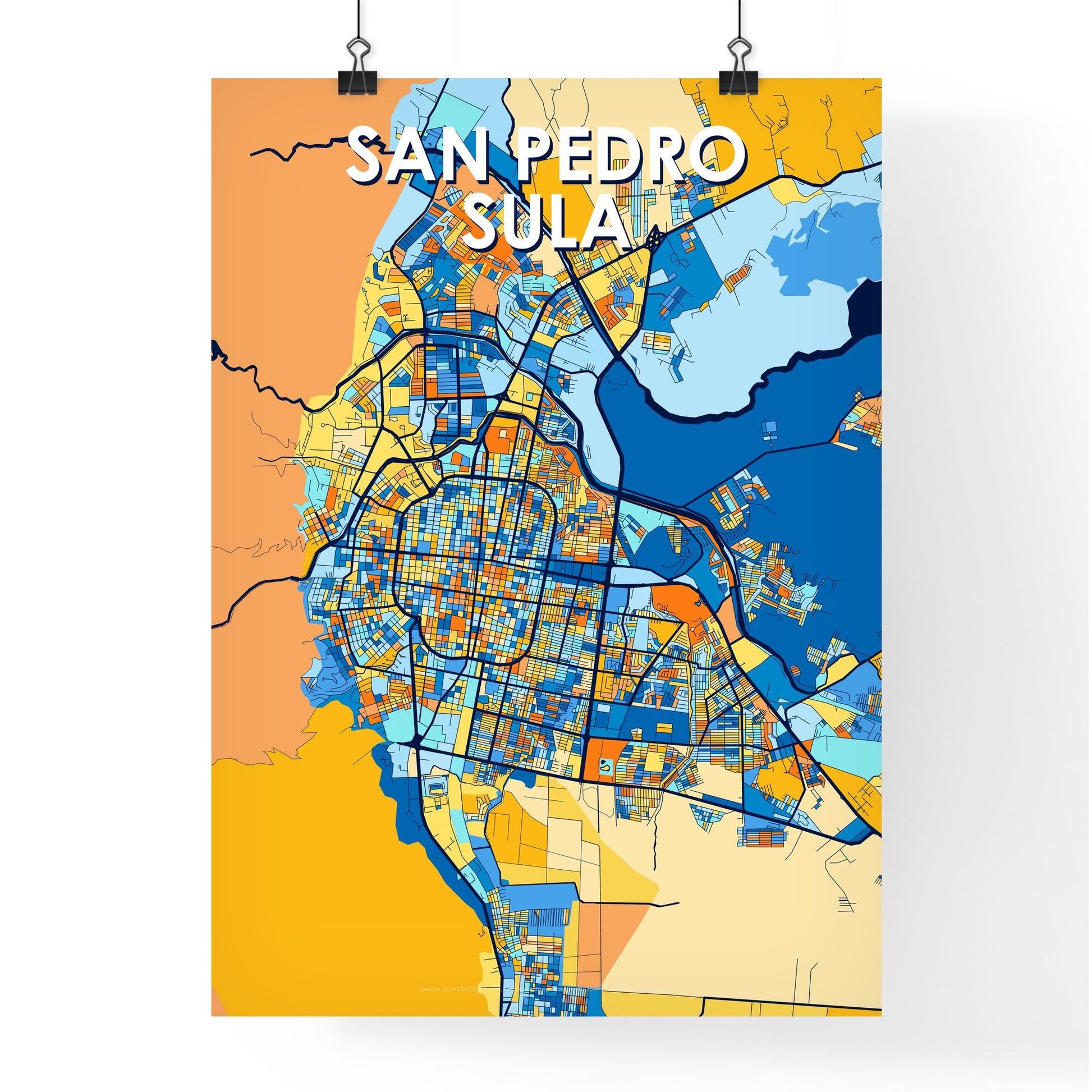 SAN PEDRO SULA HONDURAS Vibrant Colorful Art Map Poster Blue Orange