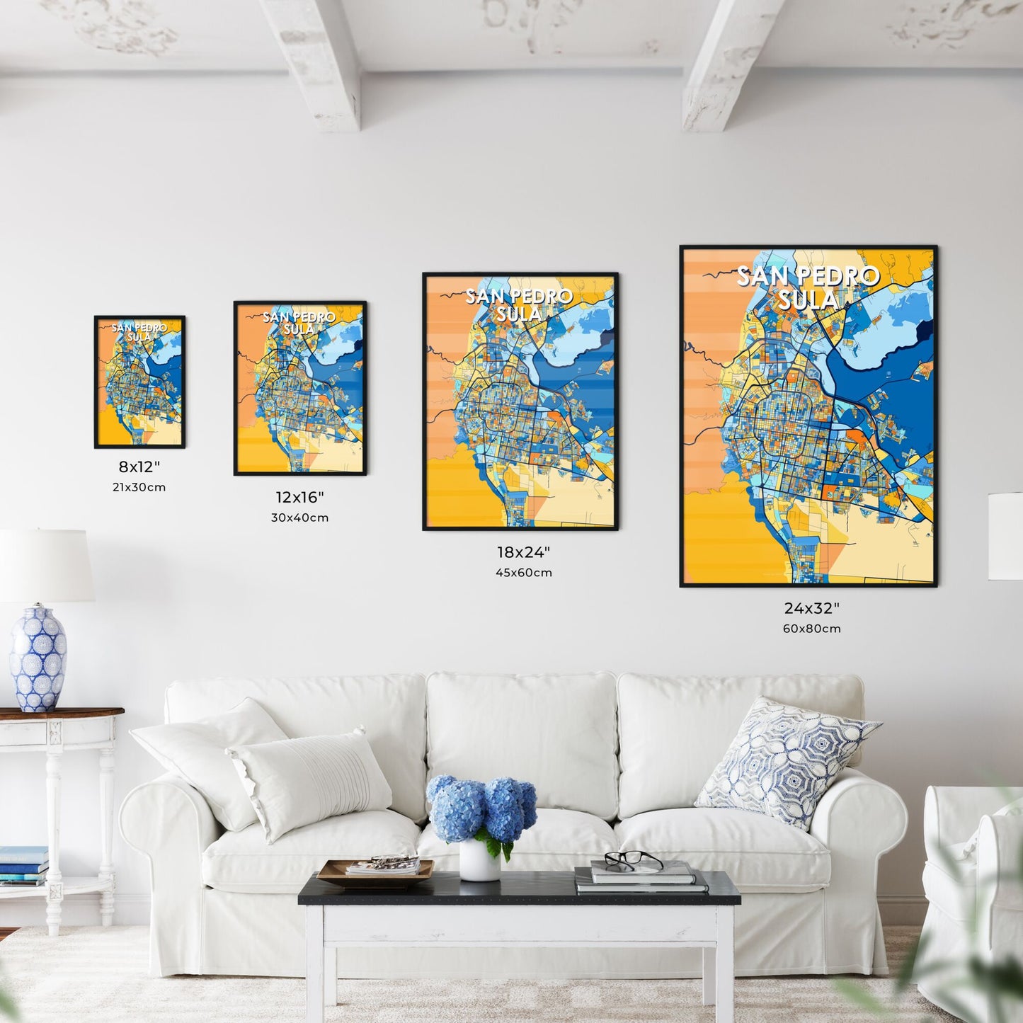 SAN PEDRO SULA HONDURAS Vibrant Colorful Art Map Poster Blue Orange