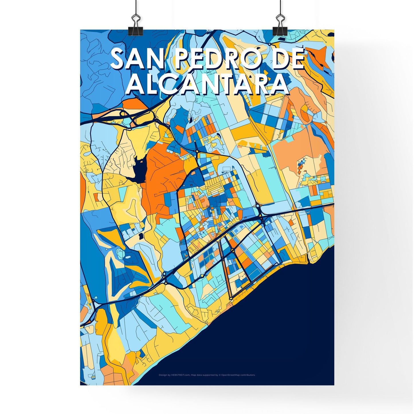 SAN PEDRO DE ALCÁNTARA SPAIN Vibrant Colorful Art Map Poster Blue Orange