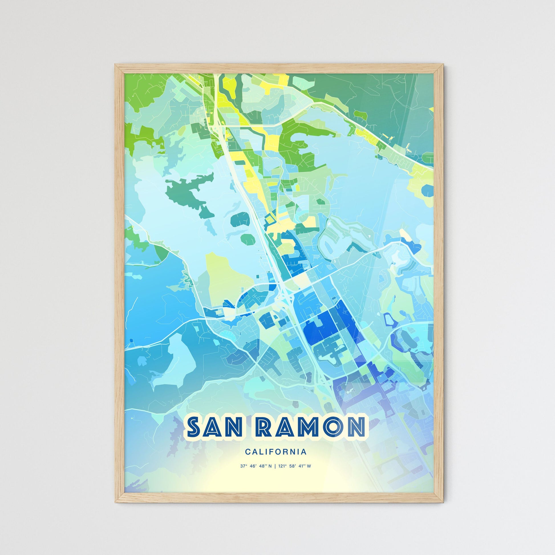Colorful San Ramon California Fine Art Map Cool Blue