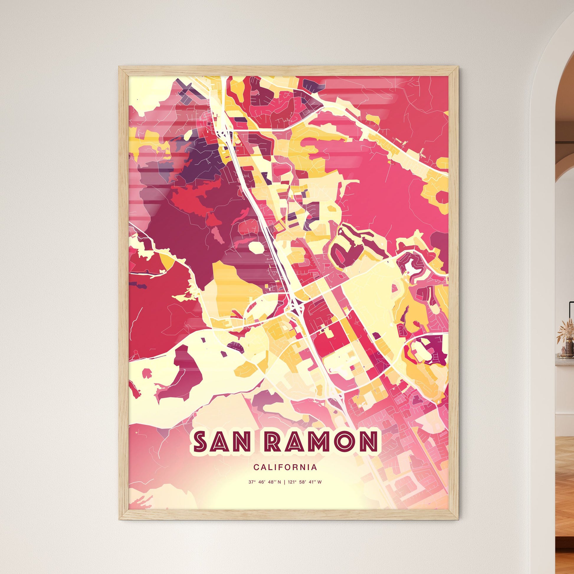 Colorful San Ramon California Fine Art Map Hot Red