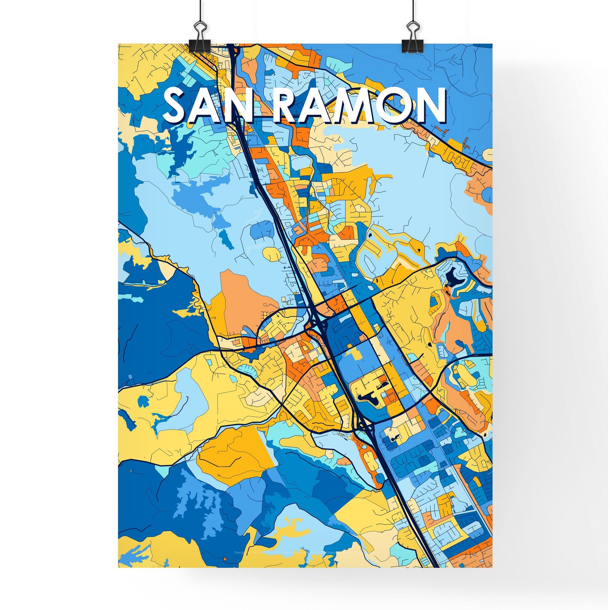 SAN RAMON CALIFORNIA Vibrant Colorful Art Map Poster Blue Orange