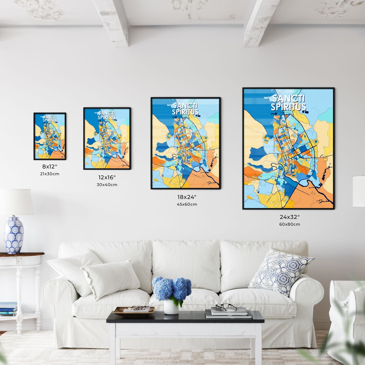 SANCTI SPÍRITUS CUBA Vibrant Colorful Art Map Poster Blue Orange