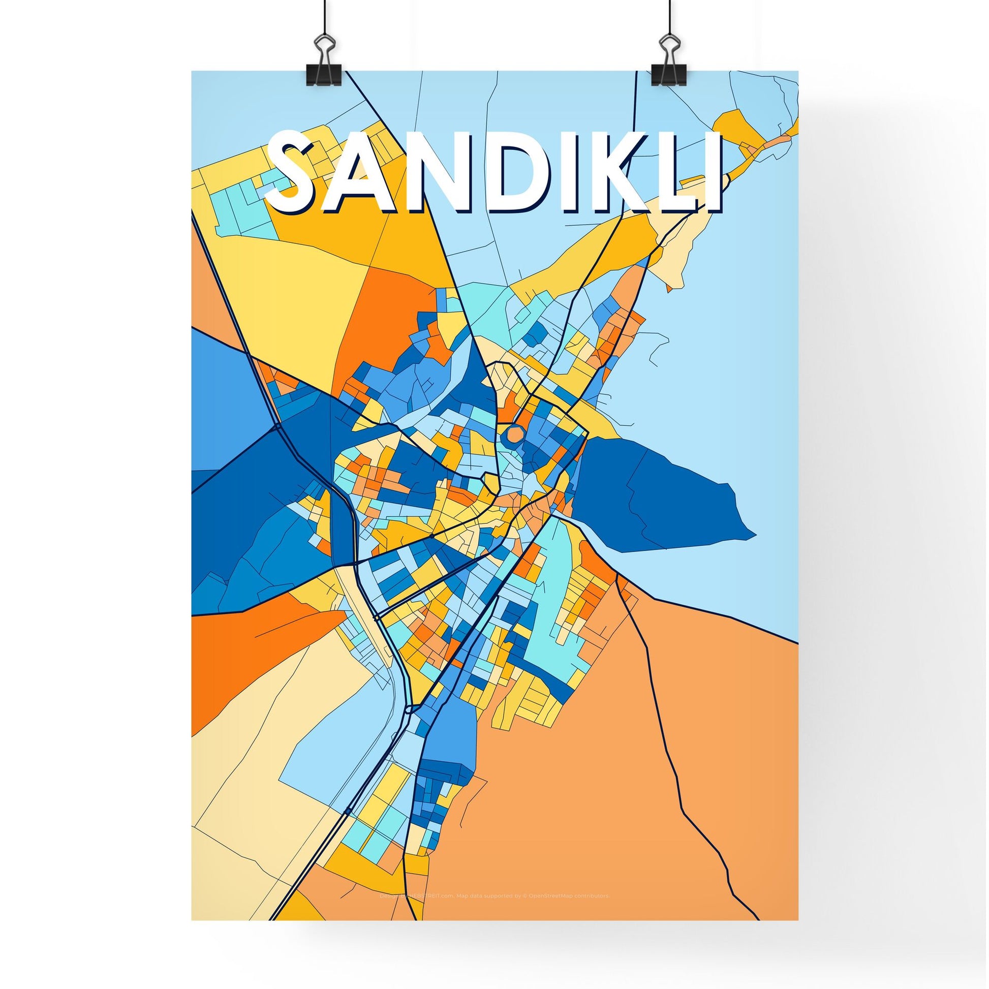 SANDIKLI TURKEY Vibrant Colorful Art Map Poster Blue Orange