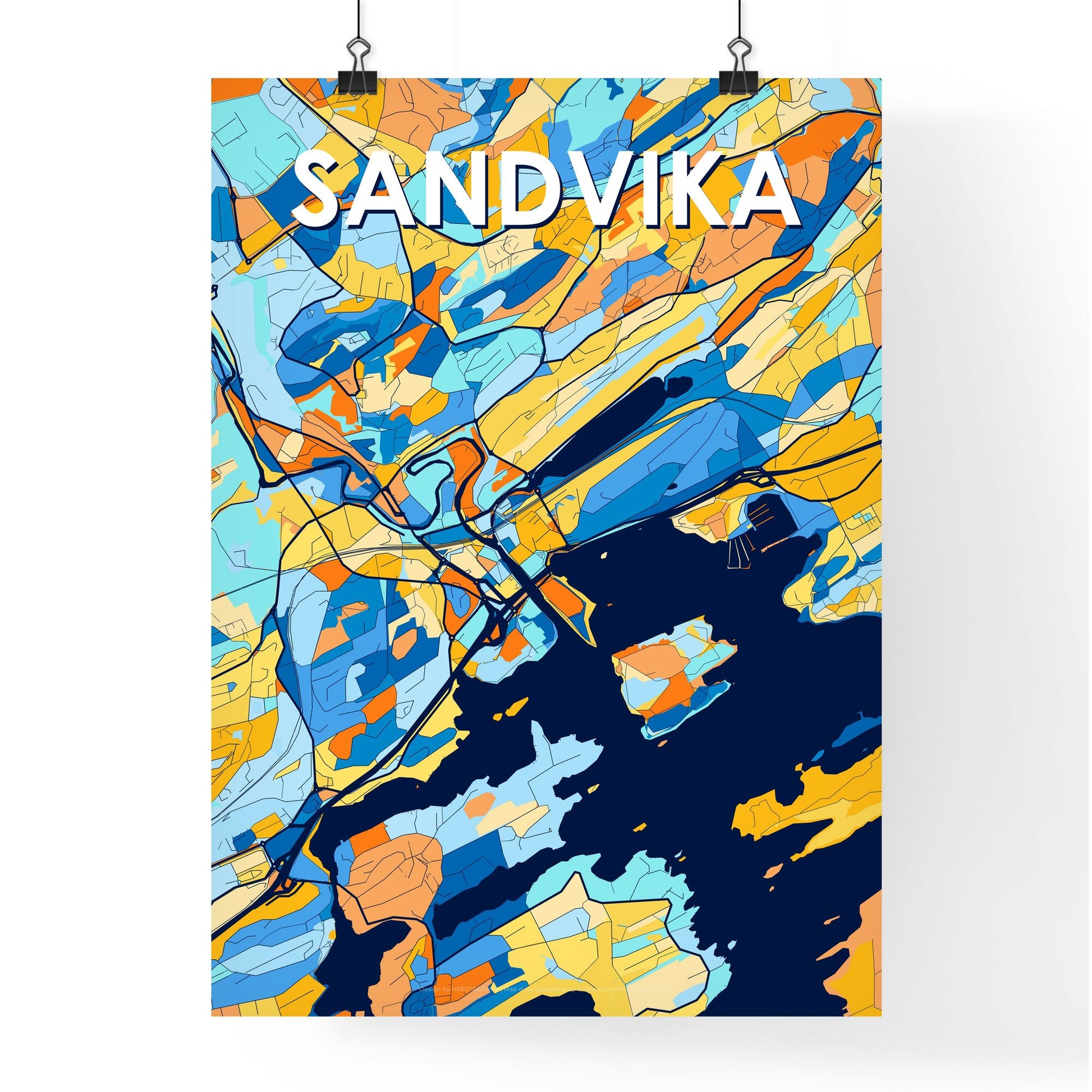 SANDVIKA NORWAY Vibrant Colorful Art Map Poster Blue Orange