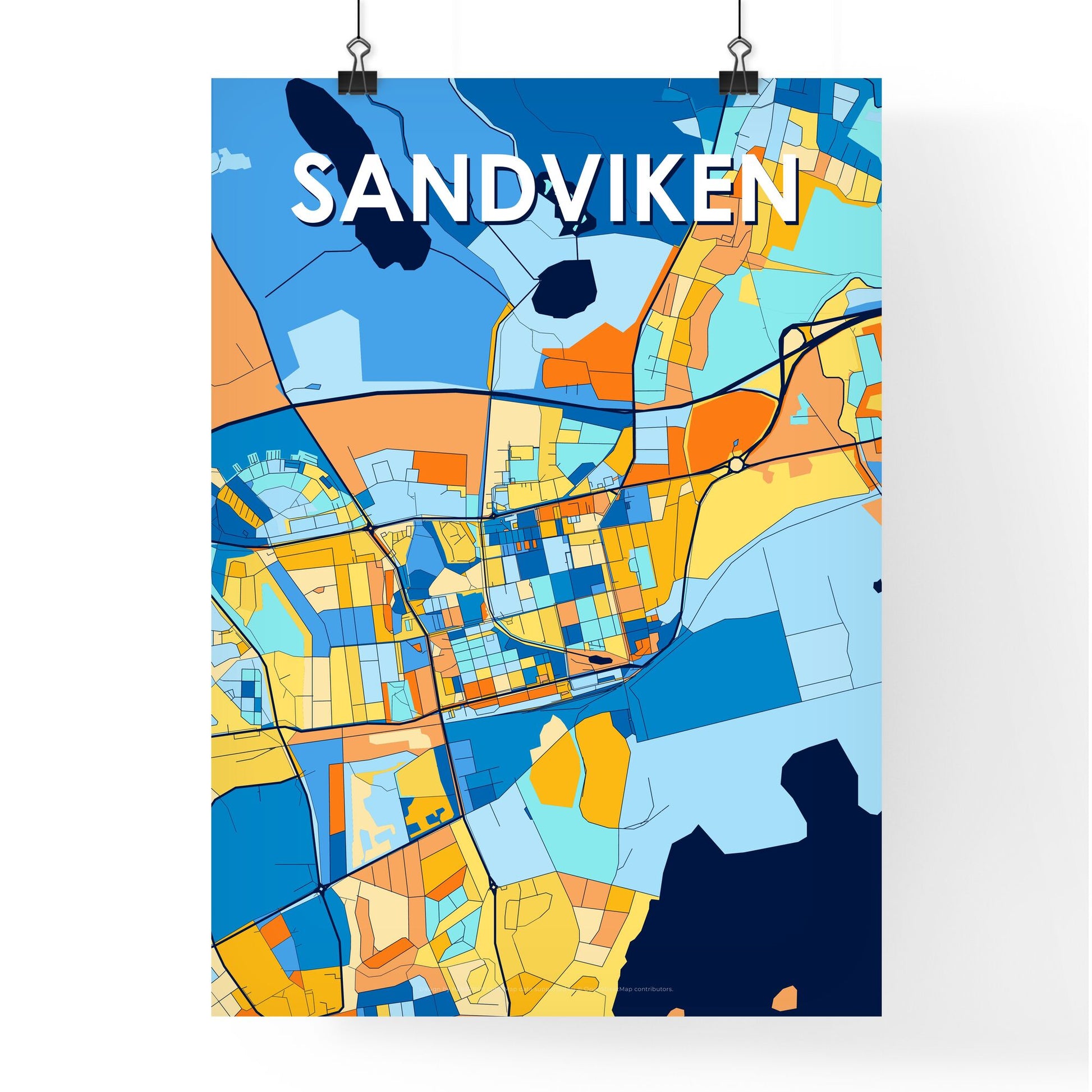 SANDVIKEN SWEDEN Vibrant Colorful Art Map Poster Blue Orange