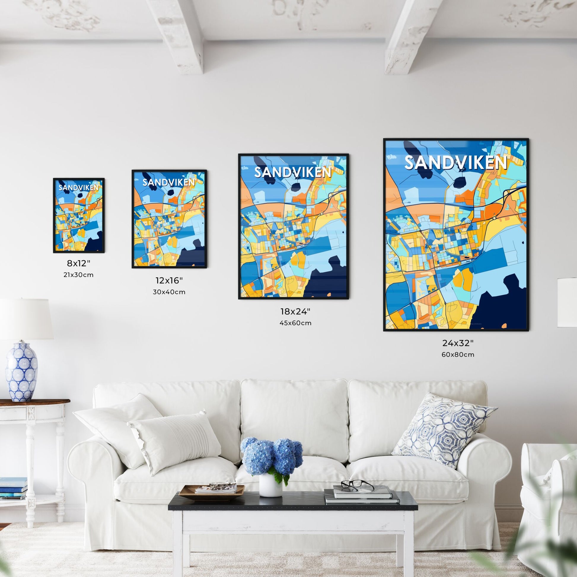 SANDVIKEN SWEDEN Vibrant Colorful Art Map Poster Blue Orange