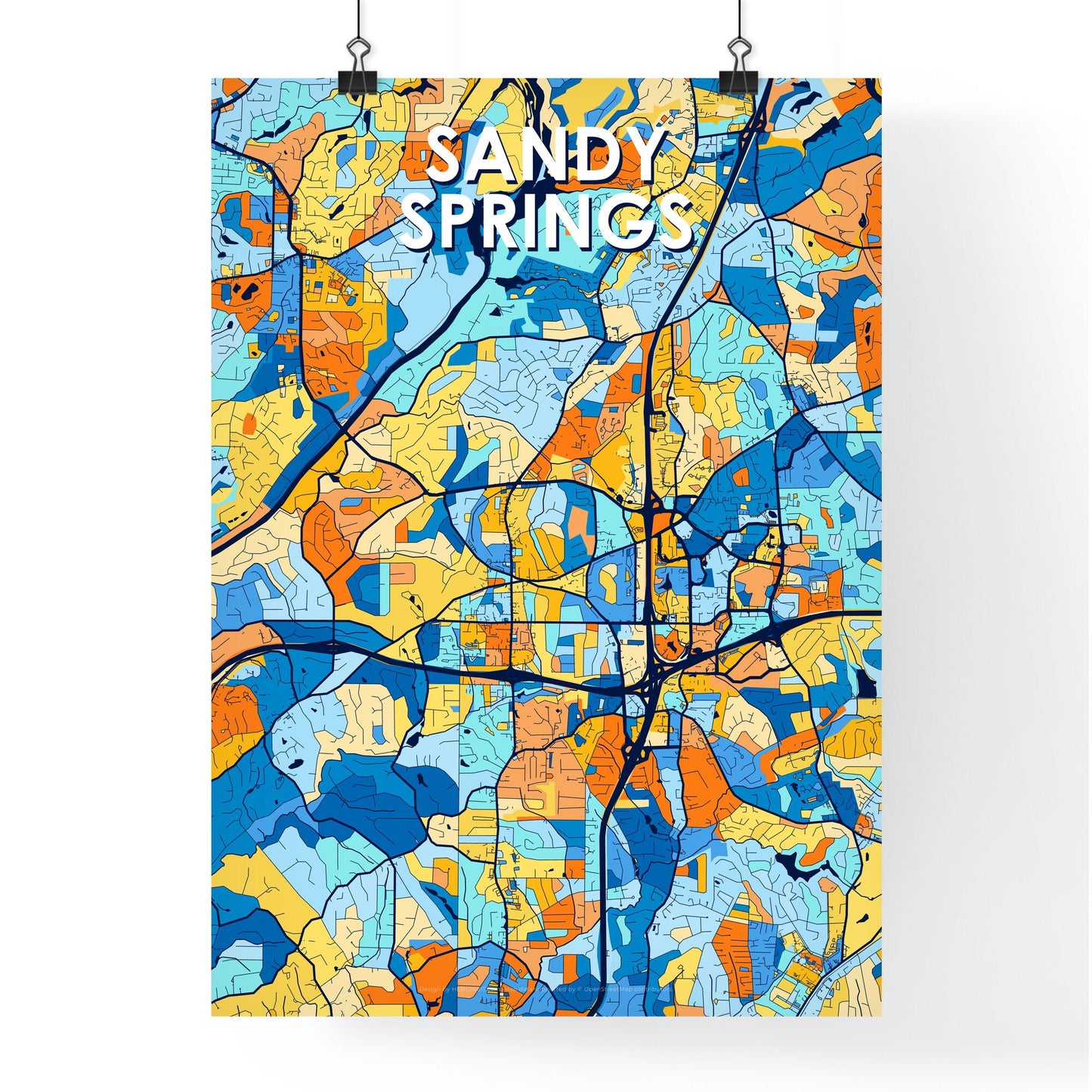 SANDY SPRINGS GEORGIA Vibrant Colorful Art Map Poster Blue Orange