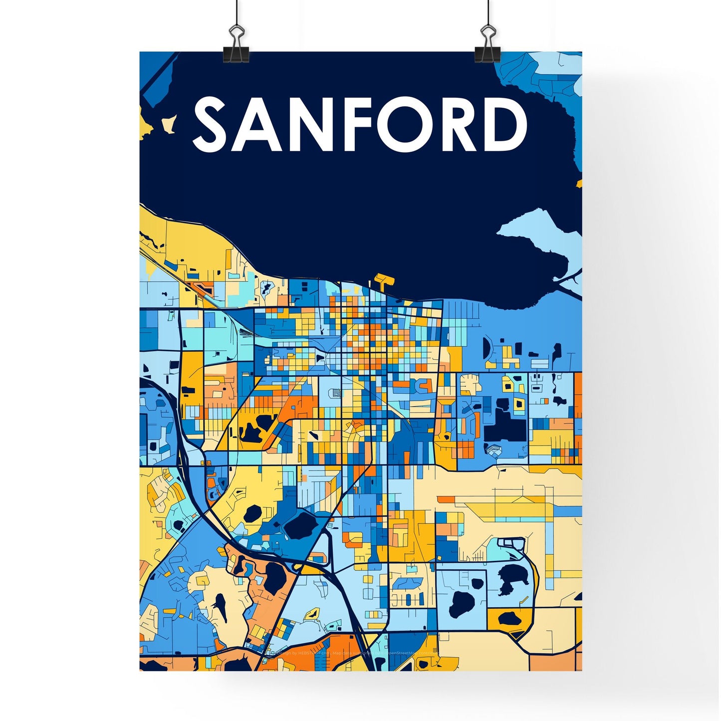 SANFORD FLORIDA Vibrant Colorful Art Map Poster Blue Orange