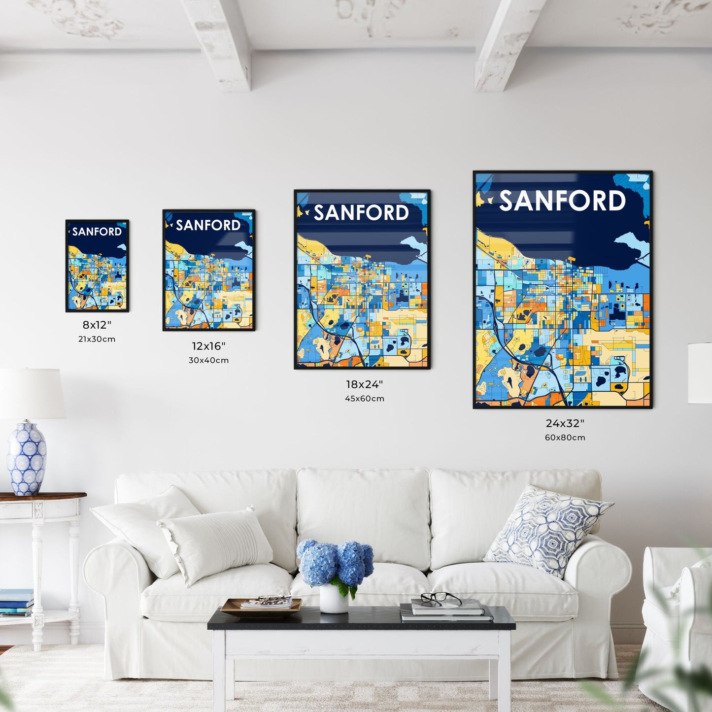 SANFORD FLORIDA Vibrant Colorful Art Map Poster Blue Orange