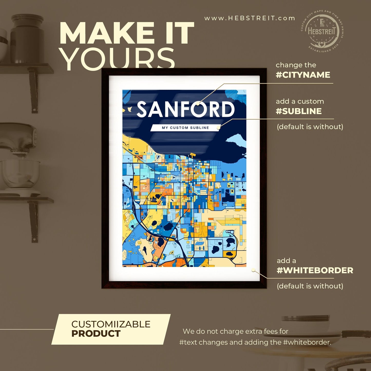 SANFORD FLORIDA Vibrant Colorful Art Map Poster Blue Orange