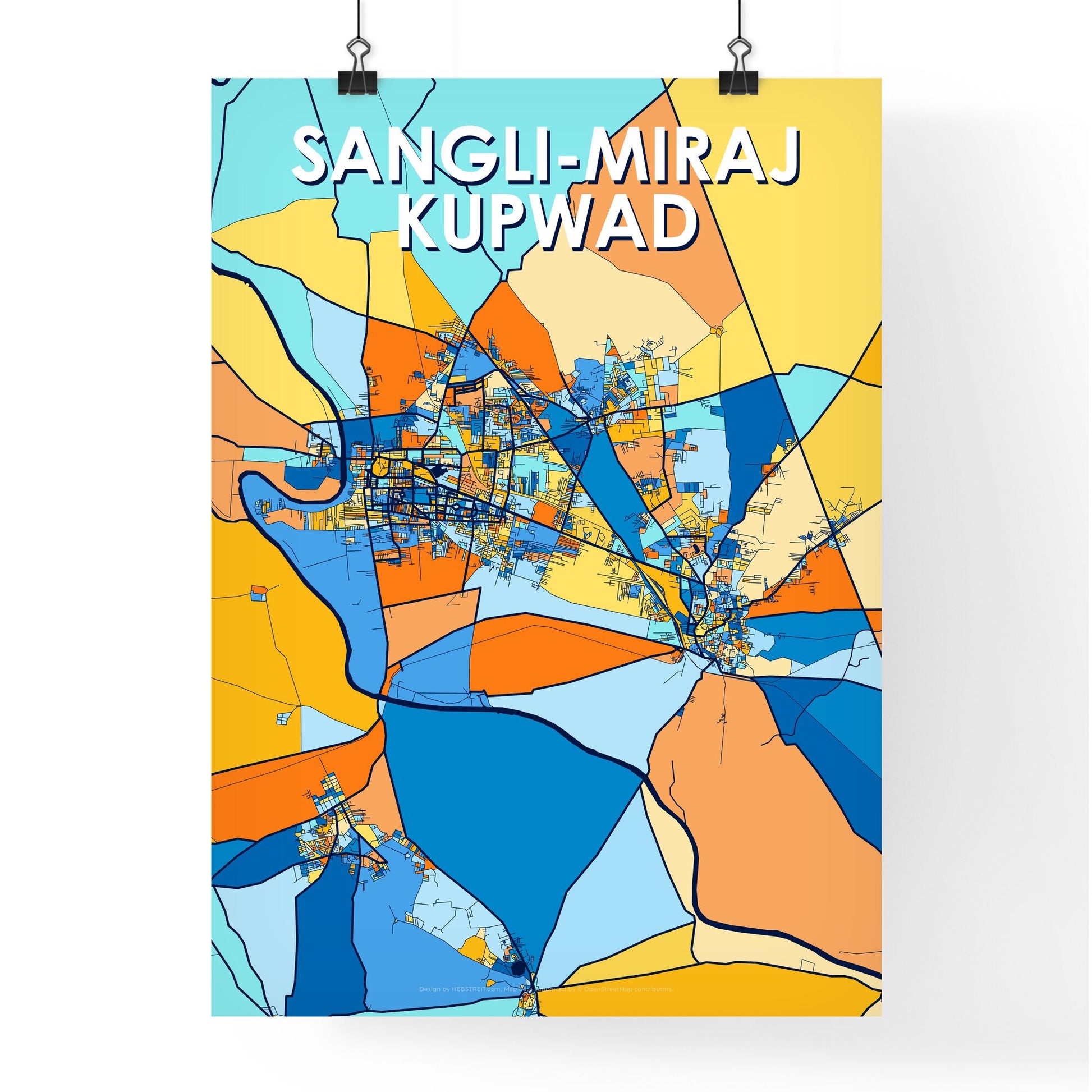 SANGLI-MIRAJ KUPWAD INDIA Vibrant Colorful Art Map Poster Blue Orange