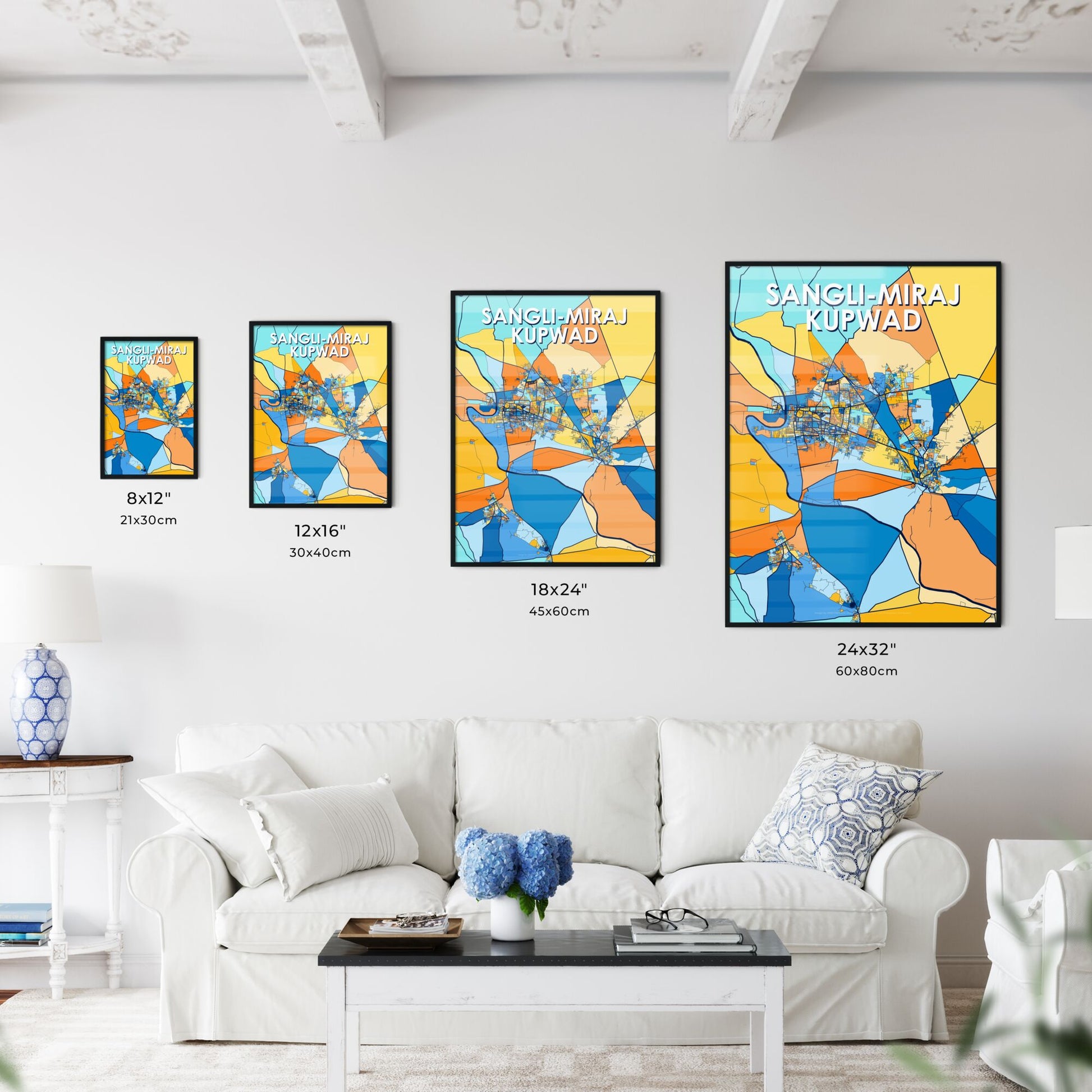 SANGLI-MIRAJ KUPWAD INDIA Vibrant Colorful Art Map Poster Blue Orange