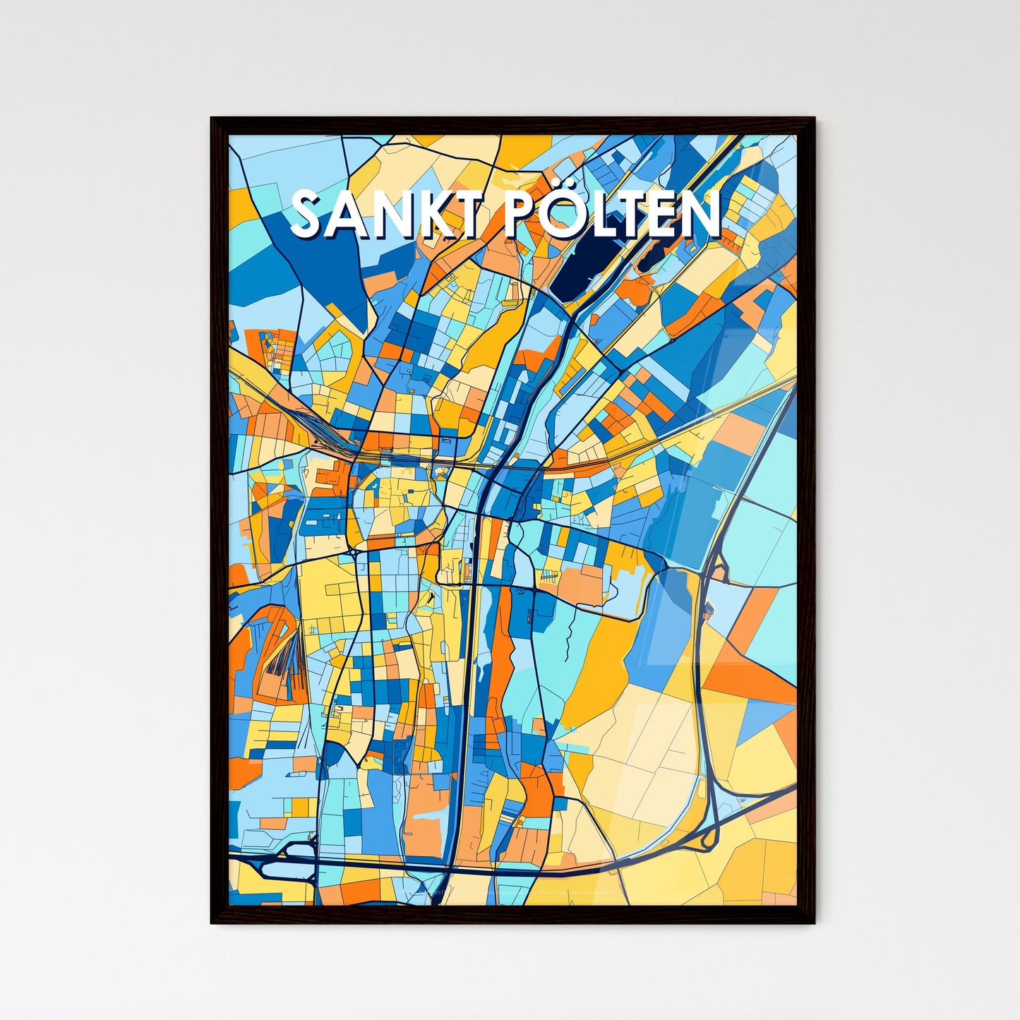 SANKT PÖLTEN AUSTRIA Vibrant Colorful Art Map Poster Blue Orange