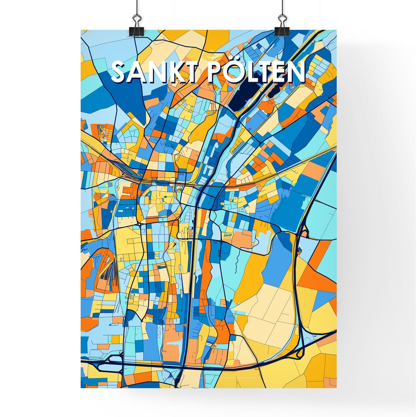 SANKT PÖLTEN AUSTRIA Vibrant Colorful Art Map Poster Blue Orange