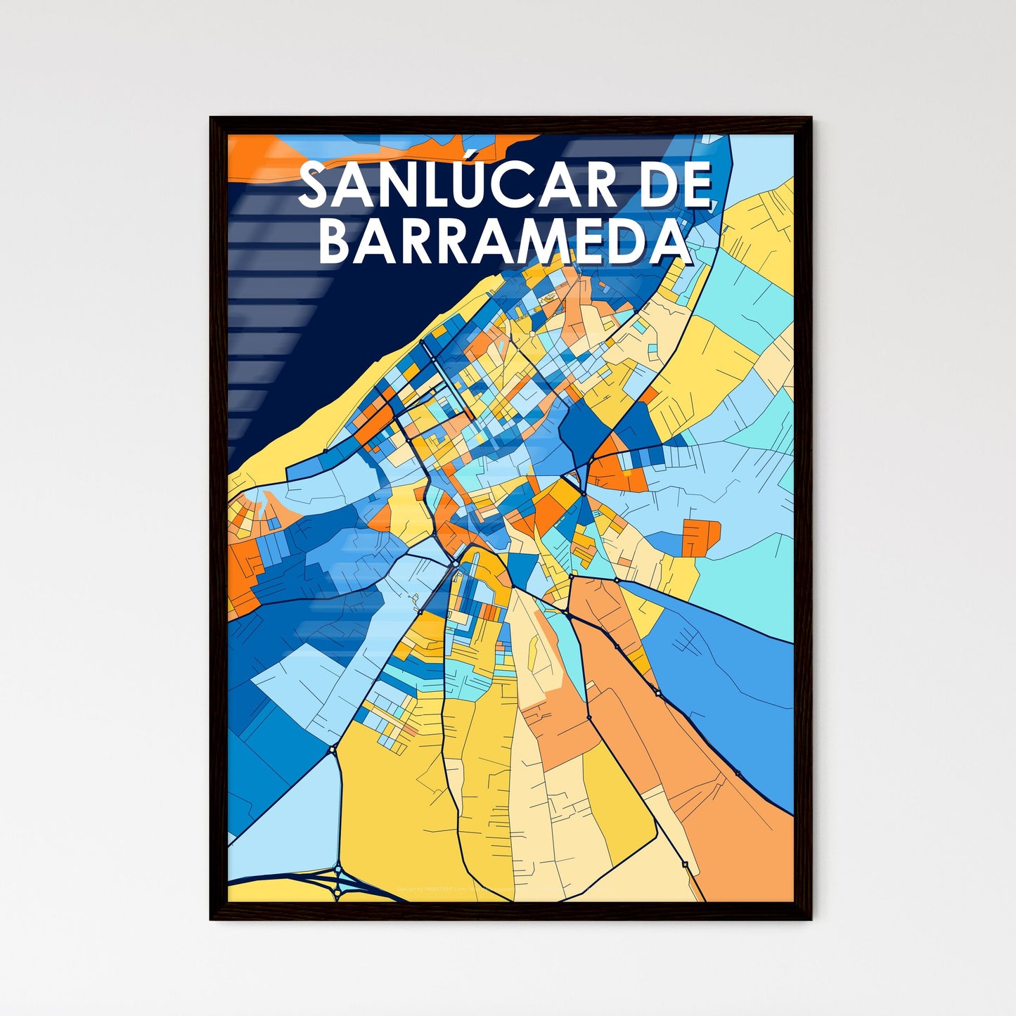 SANLÚCAR DE BARRAMEDA SPAIN Vibrant Colorful Art Map Poster Blue Orange