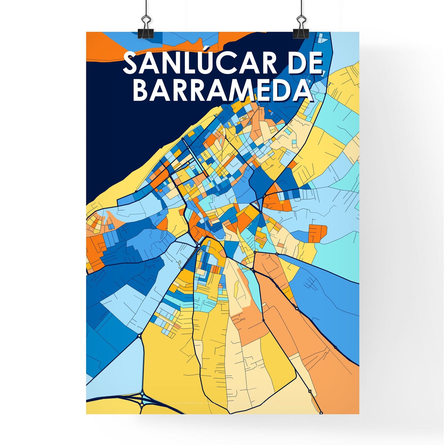 SANLÚCAR DE BARRAMEDA SPAIN Vibrant Colorful Art Map Poster Blue Orange