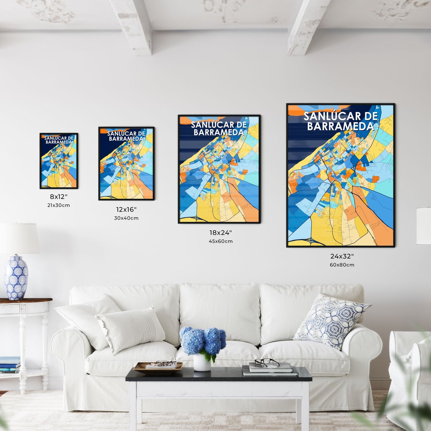 SANLÚCAR DE BARRAMEDA SPAIN Vibrant Colorful Art Map Poster Blue Orange