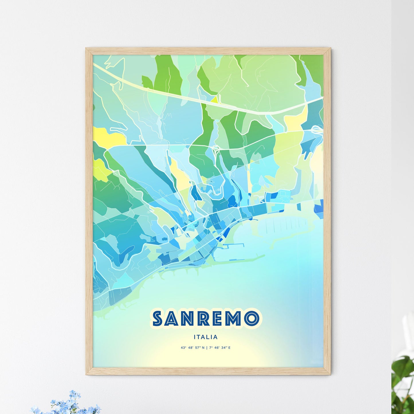 Colorful Sanremo Italy Fine Art Map Cool Blue