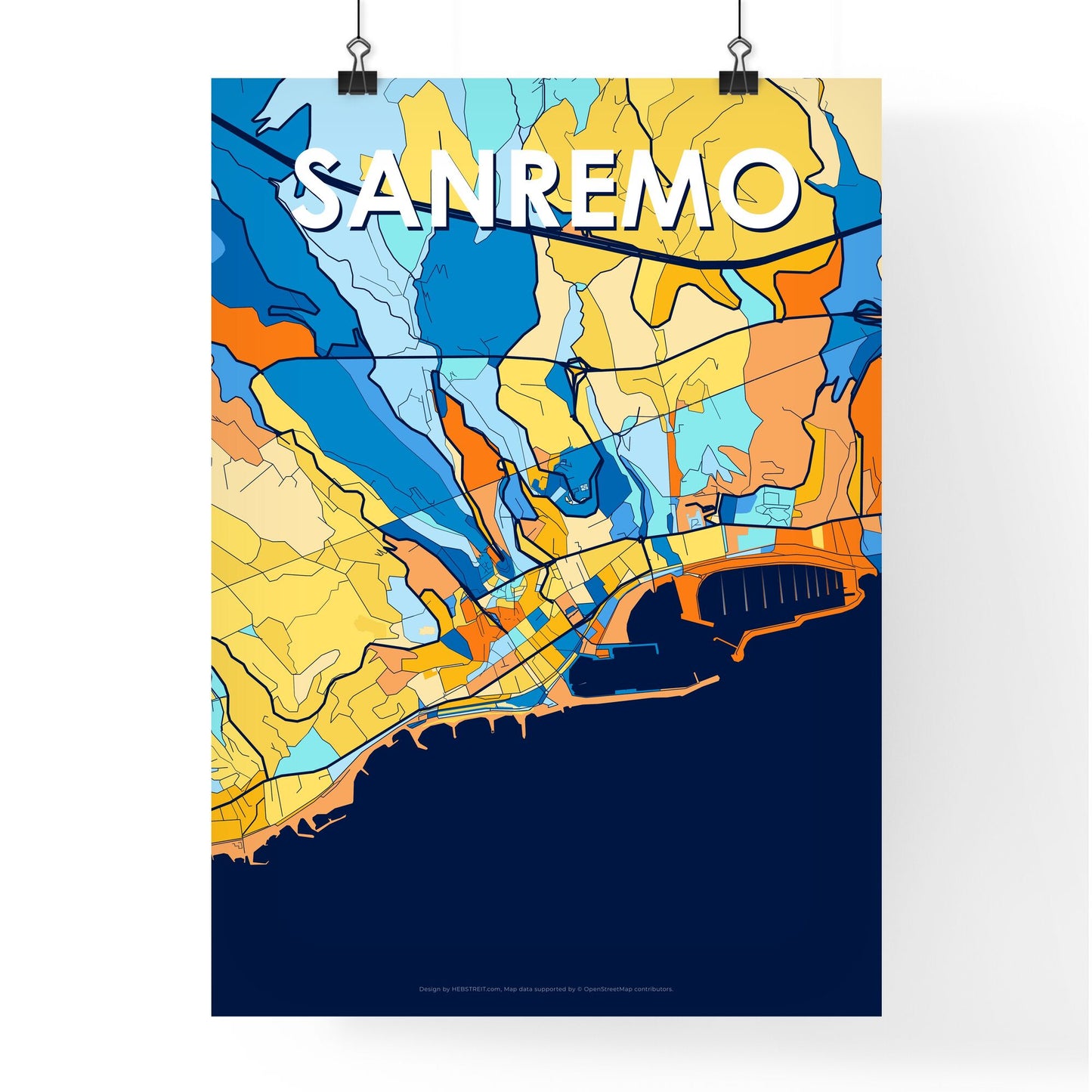 SANREMO ITALY Vibrant Colorful Art Map Poster Blue Orange