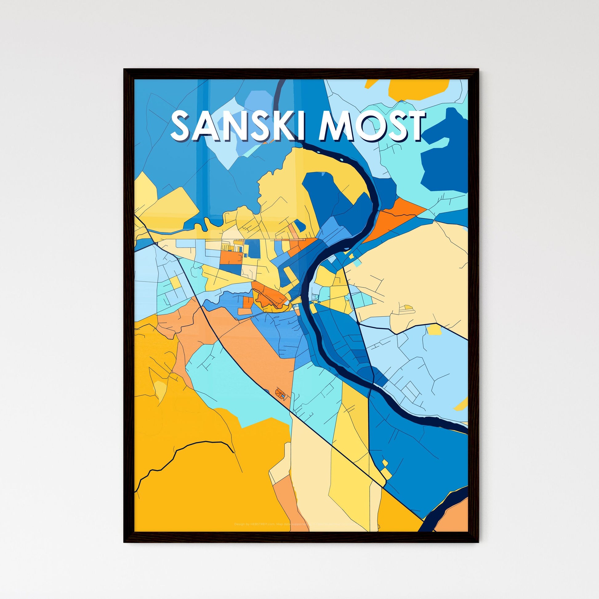 SANSKI MOST BOSNIA AND HERZEGOVINA Vibrant Colorful Art Map Poster Blue Orange