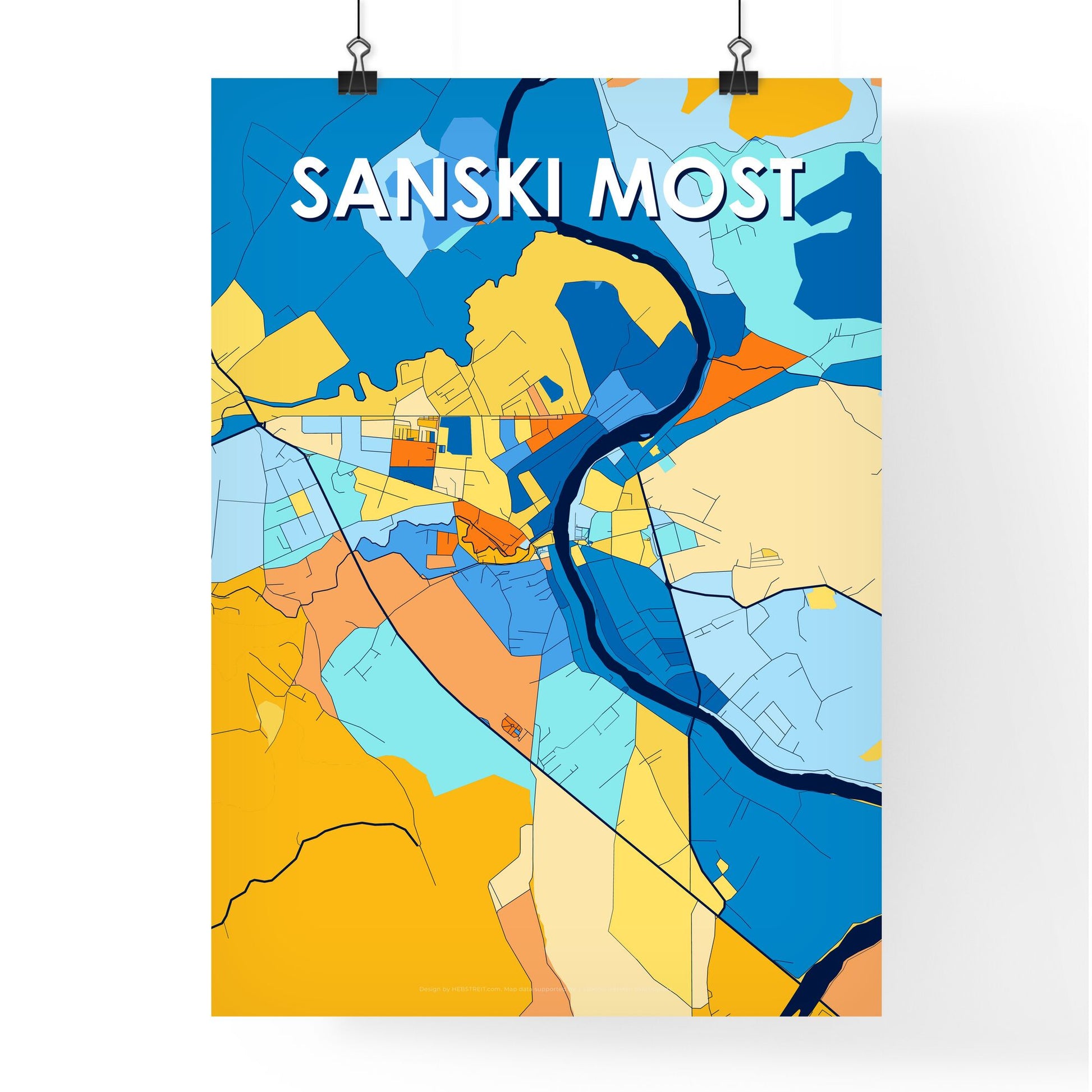 SANSKI MOST BOSNIA AND HERZEGOVINA Vibrant Colorful Art Map Poster Blue Orange