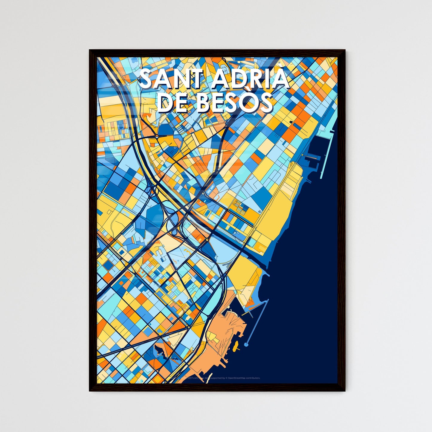 SANT ADRIÀ DE BESÒS SPAIN Vibrant Colorful Art Map Poster Blue Orange