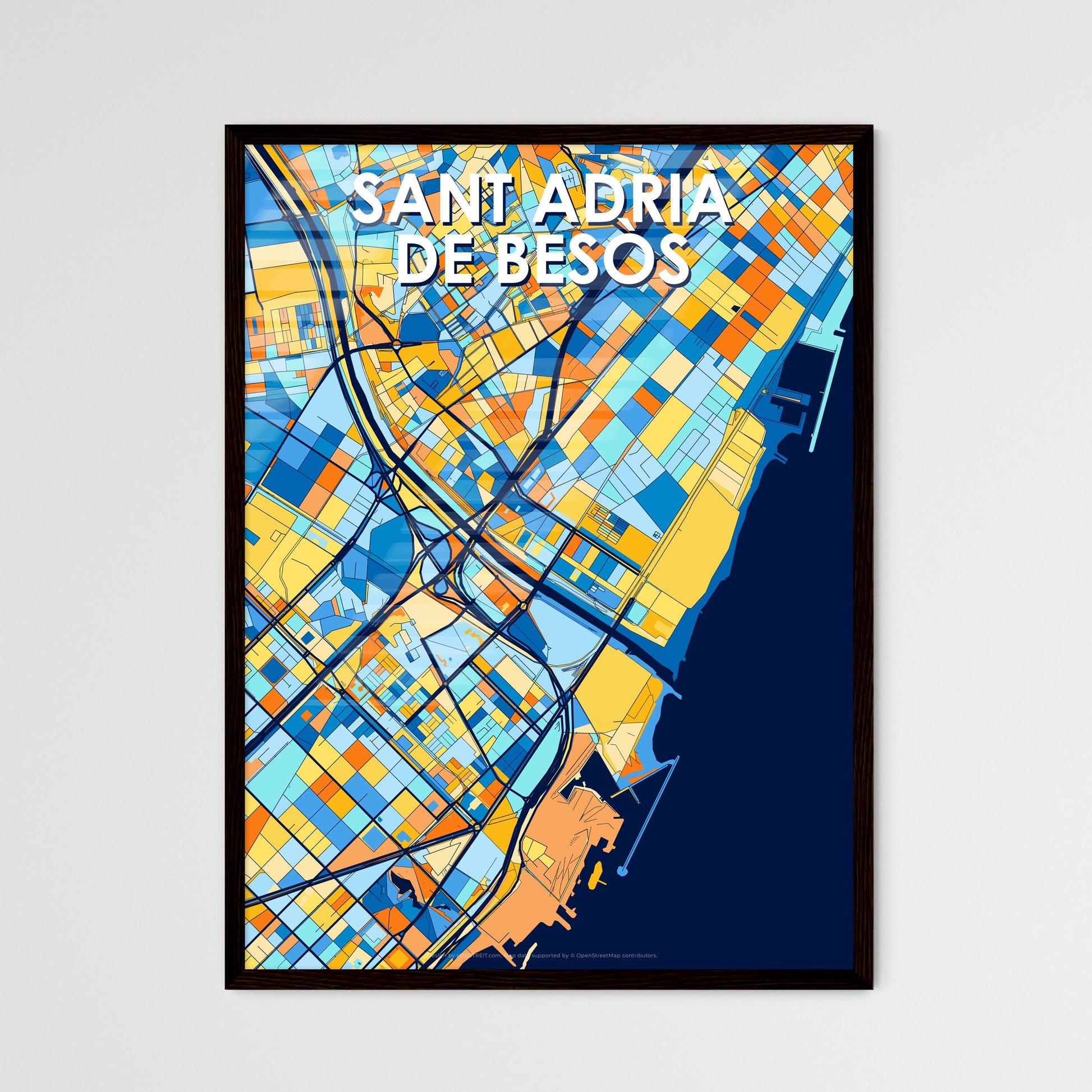 SANT ADRIÀ DE BESÒS SPAIN Vibrant Colorful Art Map Poster Blue Orange