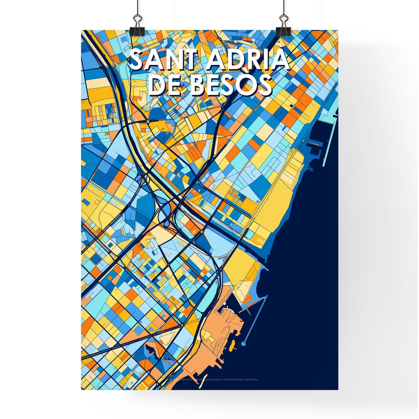 SANT ADRIÀ DE BESÒS SPAIN Vibrant Colorful Art Map Poster Blue Orange