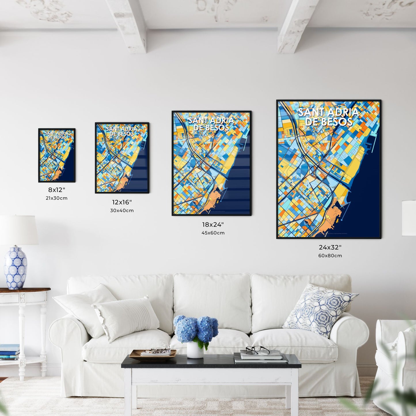 SANT ADRIÀ DE BESÒS SPAIN Vibrant Colorful Art Map Poster Blue Orange