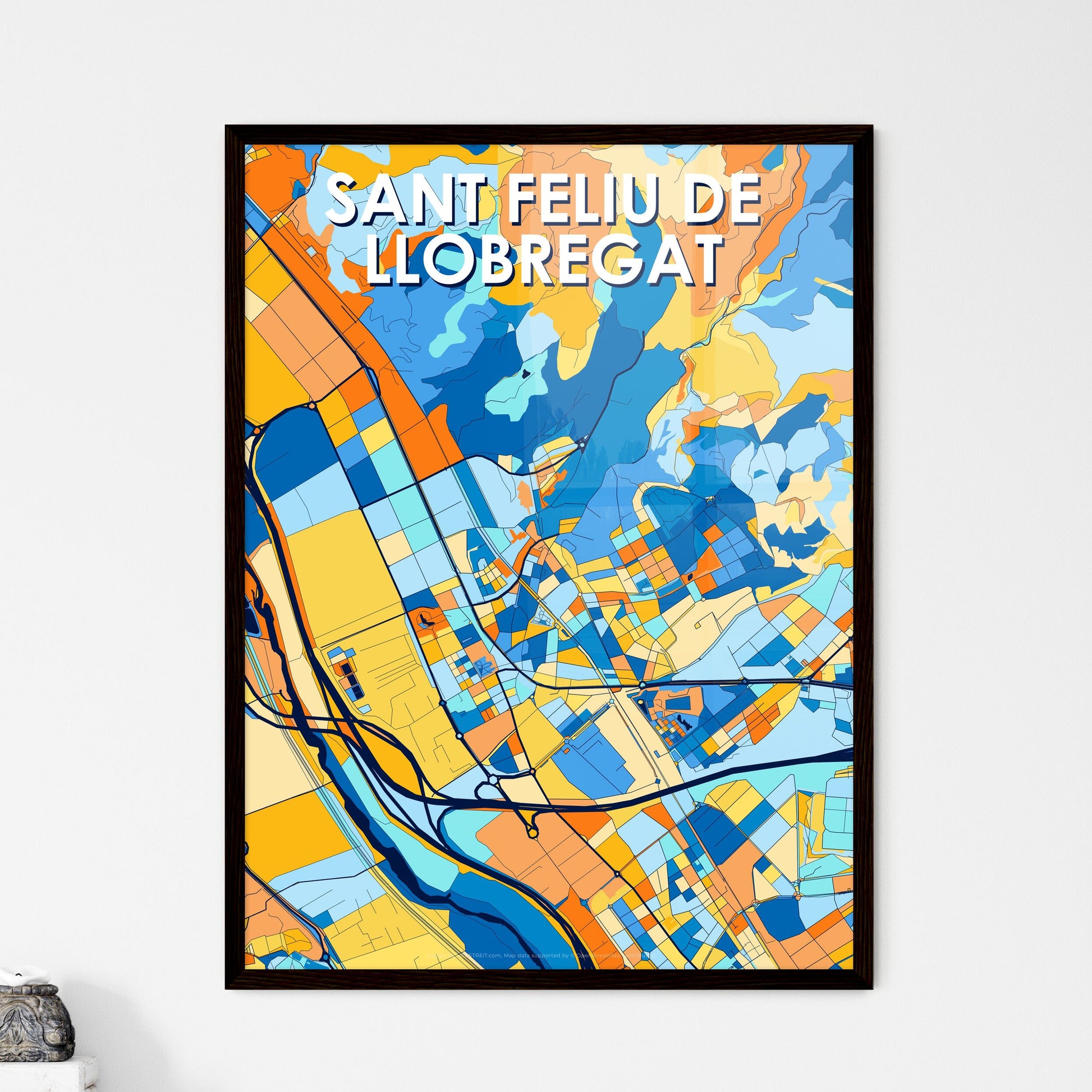 SANT FELIU DE LLOBREGAT SPAIN Vibrant Colorful Art Map Poster Blue Orange