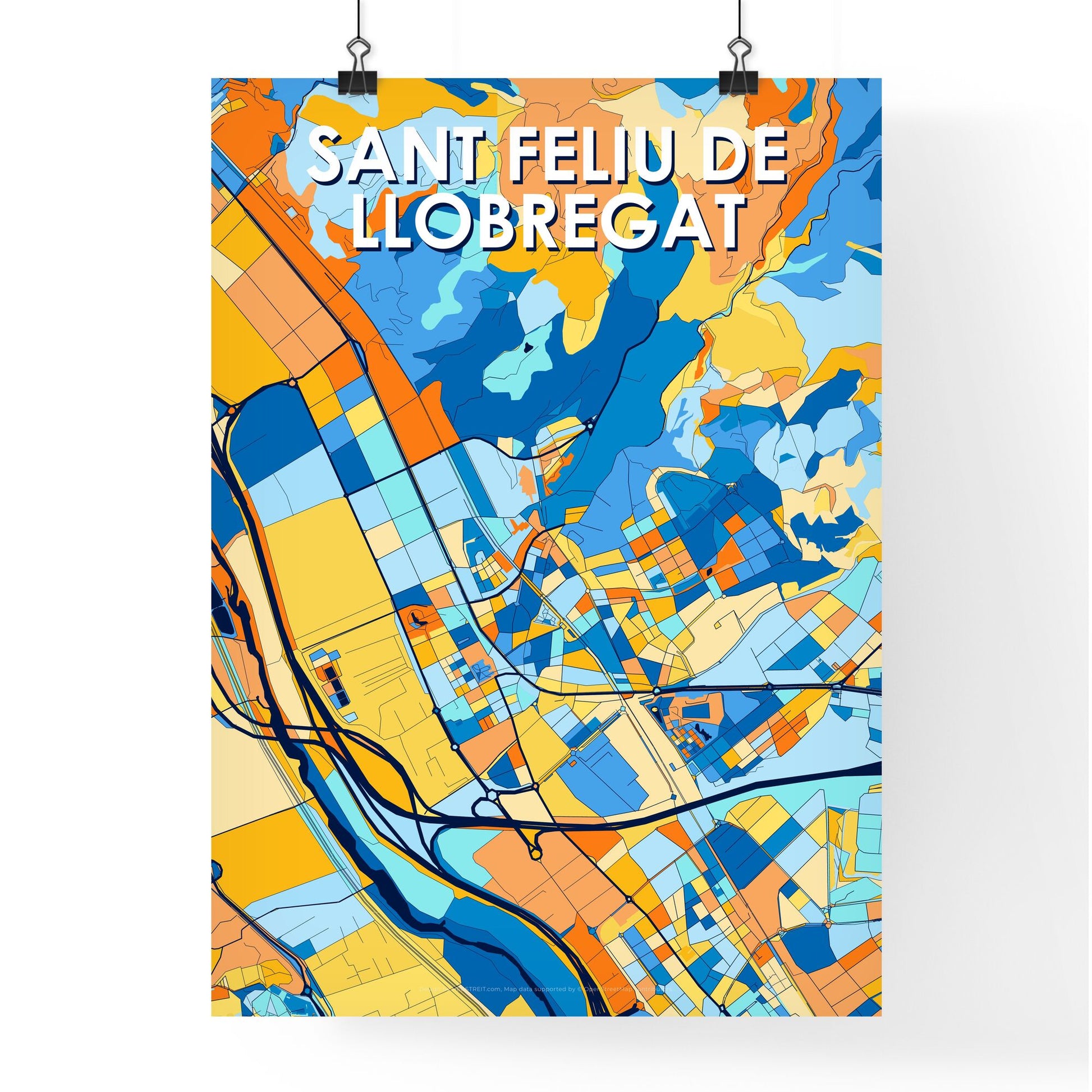 SANT FELIU DE LLOBREGAT SPAIN Vibrant Colorful Art Map Poster Blue Orange